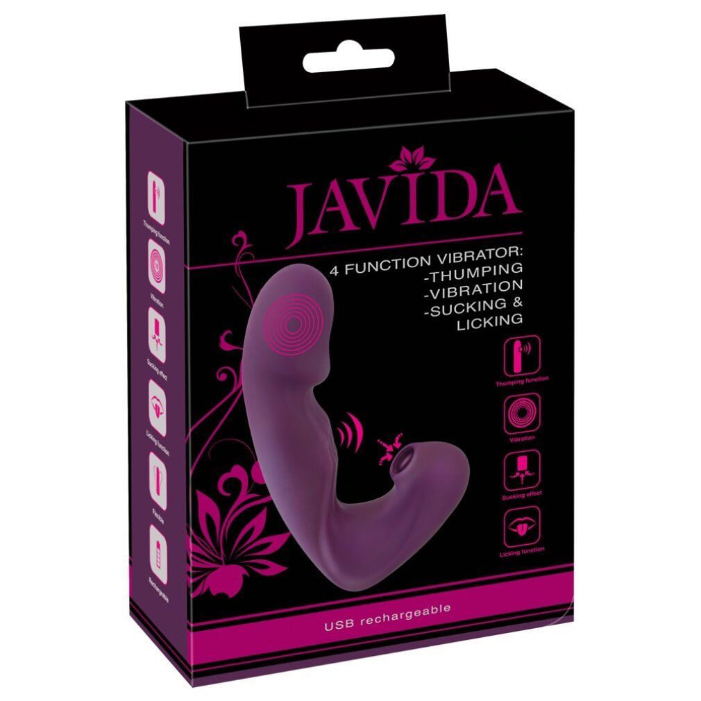 Vibrateur Javida violet dans sa boîte. 4 fonctions: Thumping, vibration, succion et léchage. Rechargeable par USB.