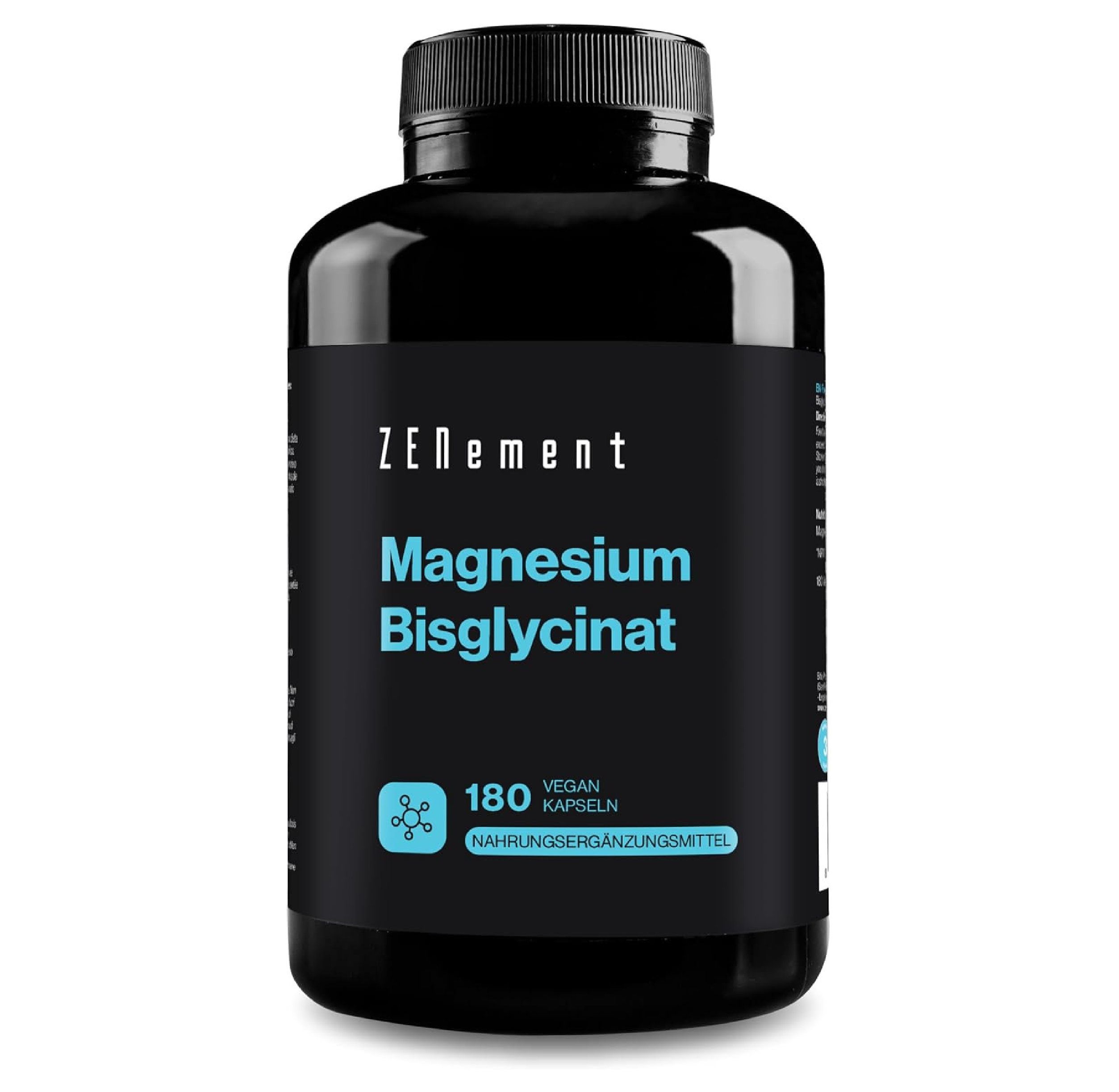 Flacon noir de gélules de magnésium bisglycinate Zenement. 180 gélules. Complément alimentaire.