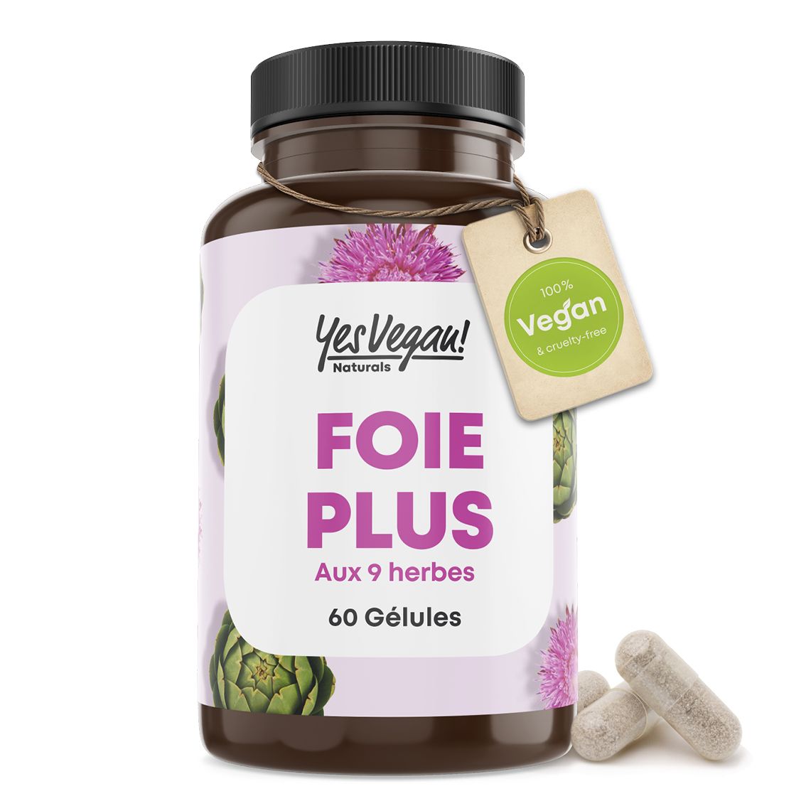 Flacon 'Foie Plus' (français) de 60 gélules, avec sceau vegan et motif artichaut.