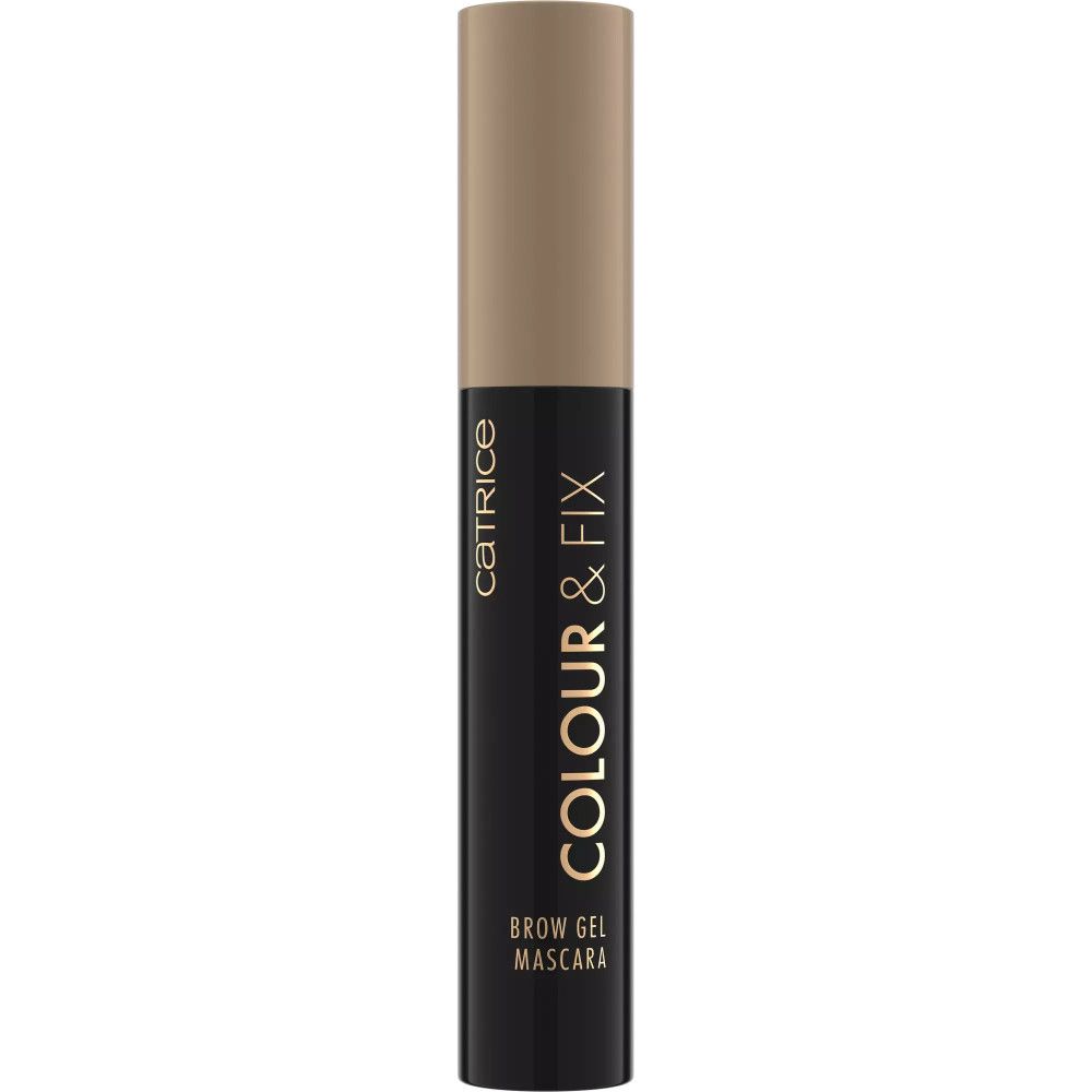 Tube de mascara, bouchon beige, corps noir. Inscription: Catrice, Colour & Fix, Brow Gel Mascara.