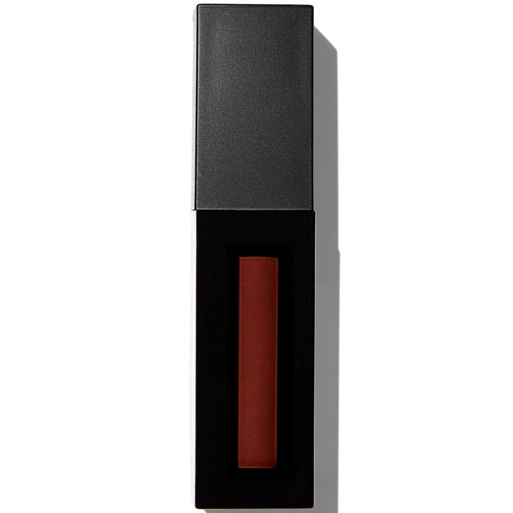 Tube de gloss noir rectangulaire avec bande marron. Couvercle en haut.