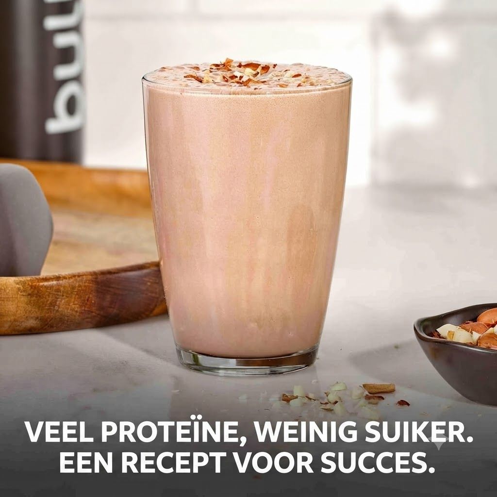 Een glas romige proteïneshake gegarneerd met noten, met een schaaltje noten ernaast.