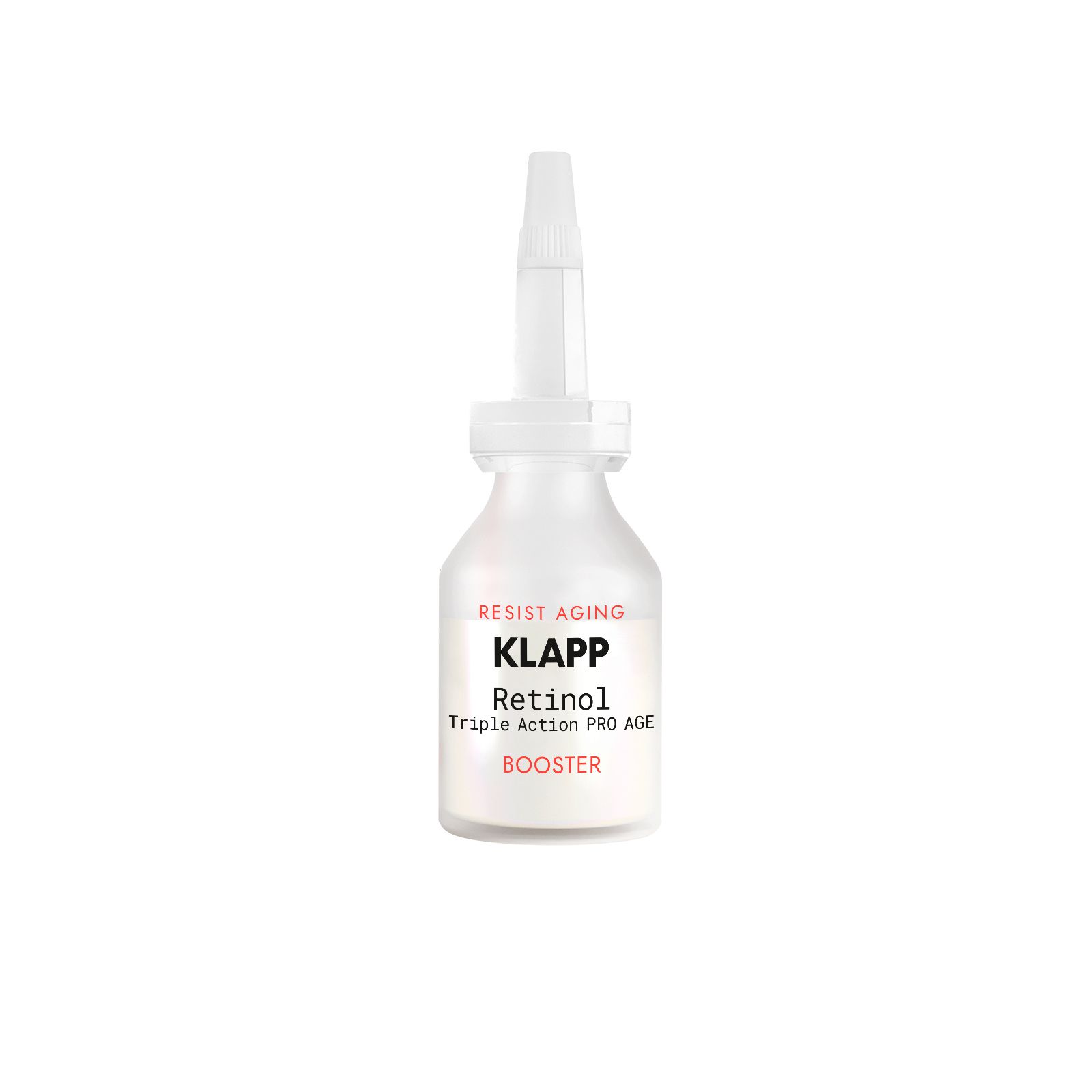 Flacon blanc avec compte-gouttes. Texte : "RESIST AGING", "KLAPP", "Retinol Triple Action PRO AGE" et "BOOSTER".