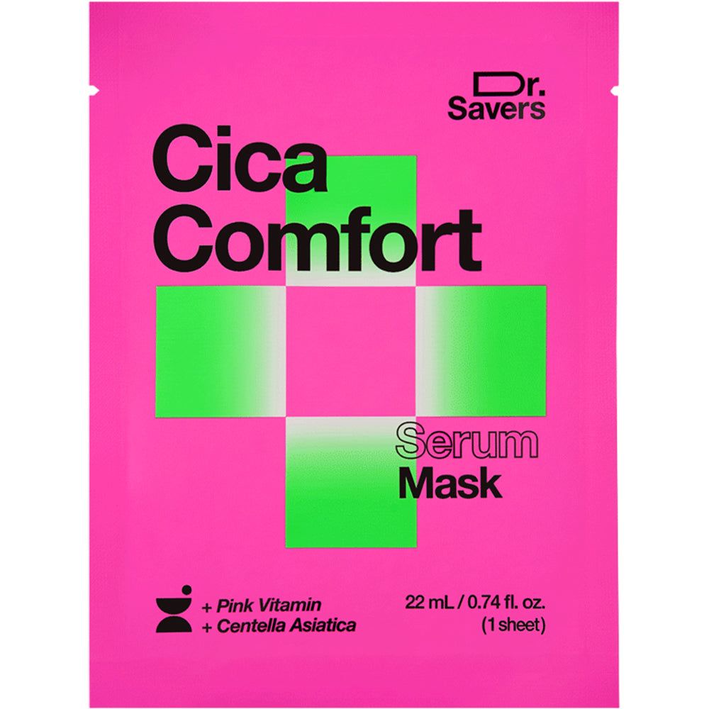 IT'S SKIN Dr. Savers Cica Comfort serummasker, roze verpakking met groene kruisdetails.