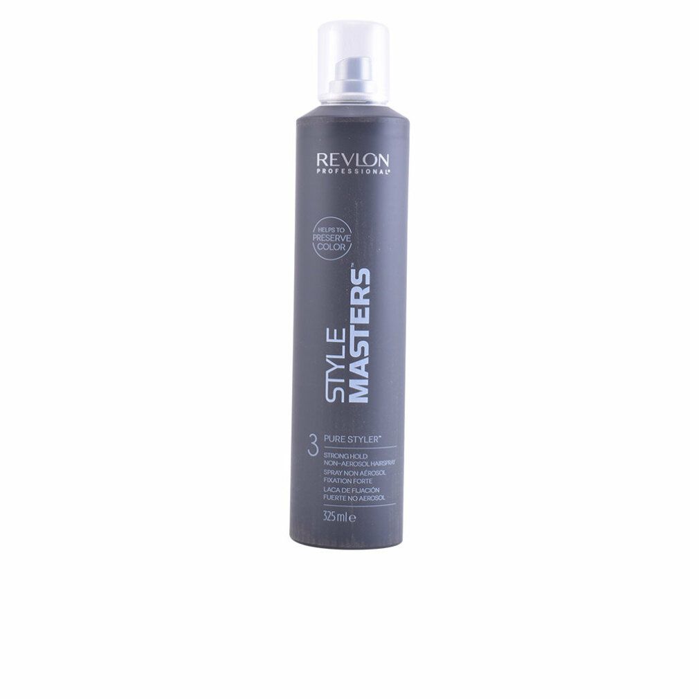 Flacon de laque gris avec vaporisateur blanc. Inscriptions: Revlon Professional, Style Masters, Pure Styler, Strong Hold.