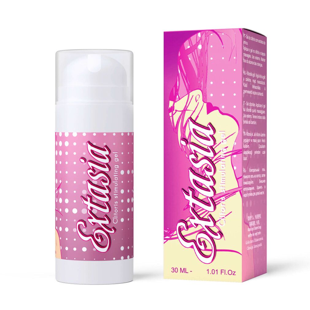 Gel stimulant Extasia pour le clitoris, flacon et boîte de 30 ml.