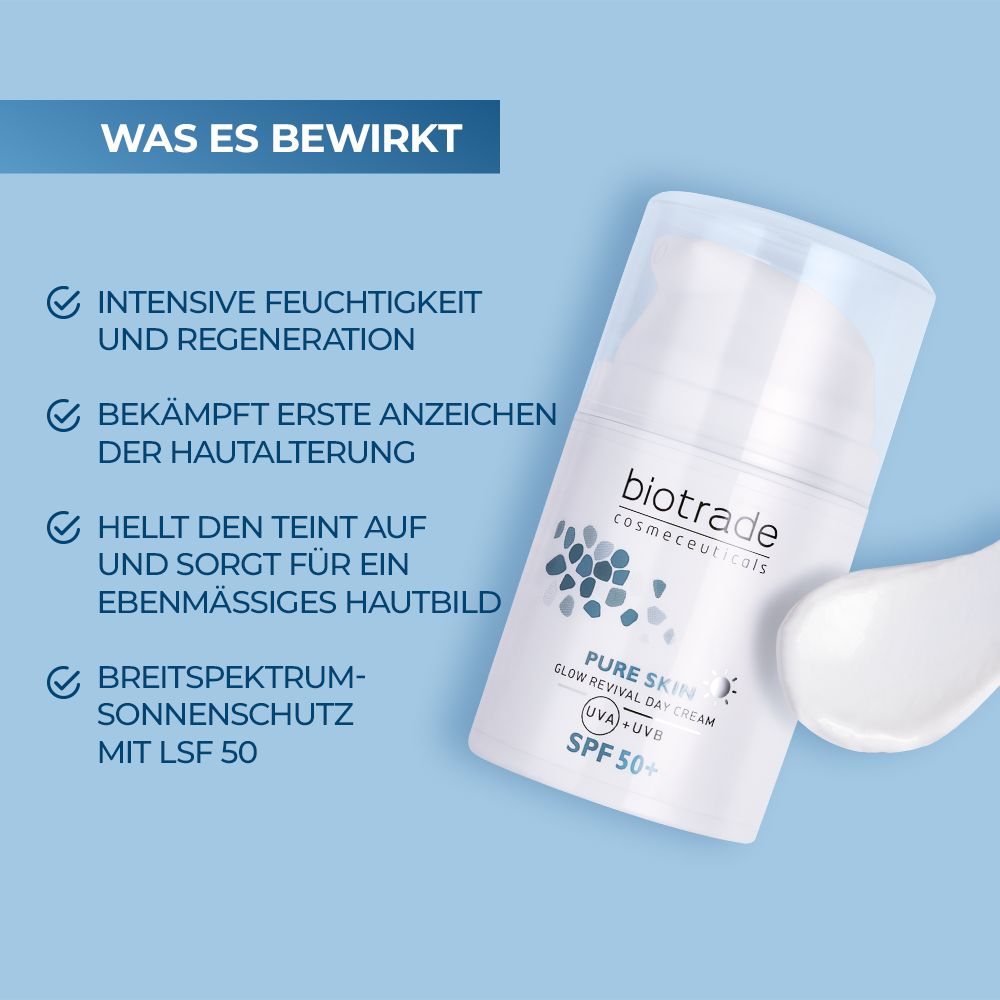 Biotrade Pure Skin Glow Revival Crème Visage SPF50+ avec texte. Agit contre le vieillissement cutané, illumine le teint, protège du soleil.