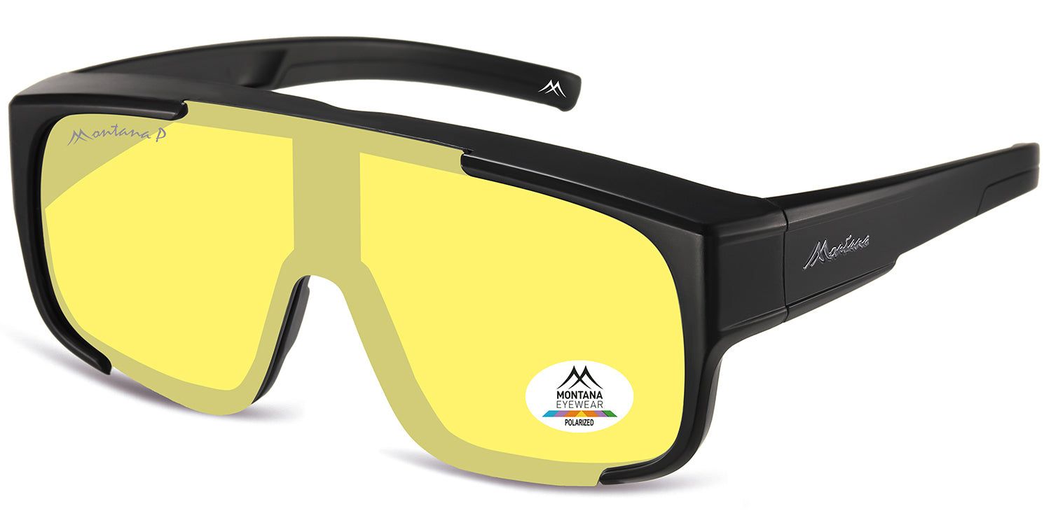 Zwarte zonnebril met gele glazen. Montana Eyewear logo en polarisatie certificering.
