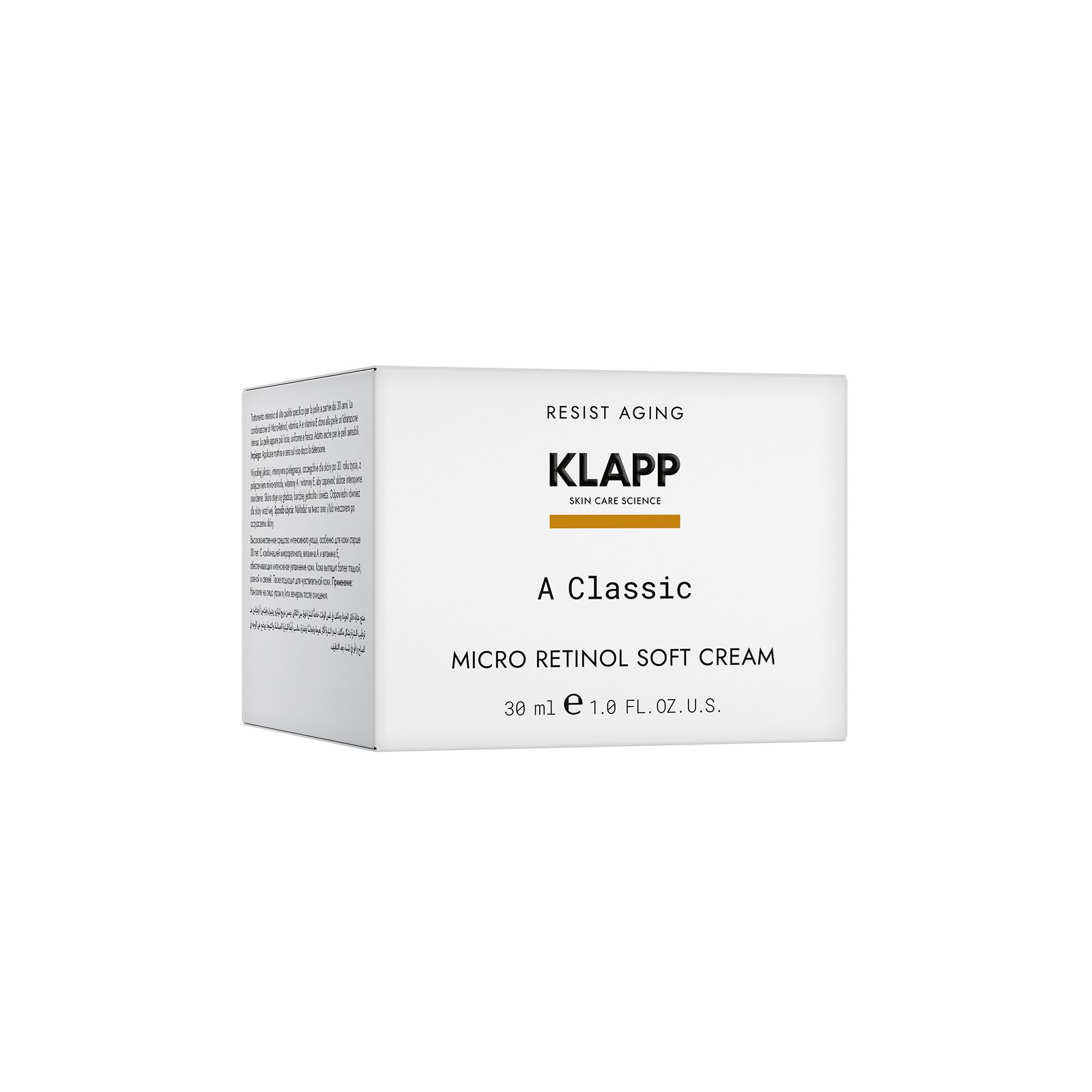 Witte productverpakking met tekst. Opschrift: KLAPP, A Classic Micro Retinol Soft Cream. Volume: 30 ml.