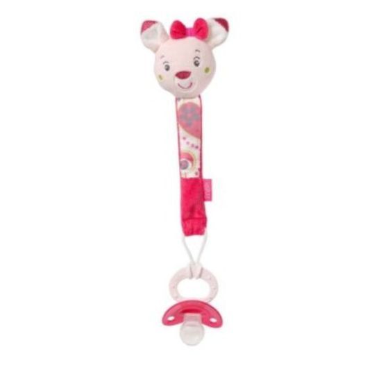 Fopspeenketting met reekop, roze strik, stof, clip en fopspeen. Roze en witte elementen. Met ring en fopspeen.