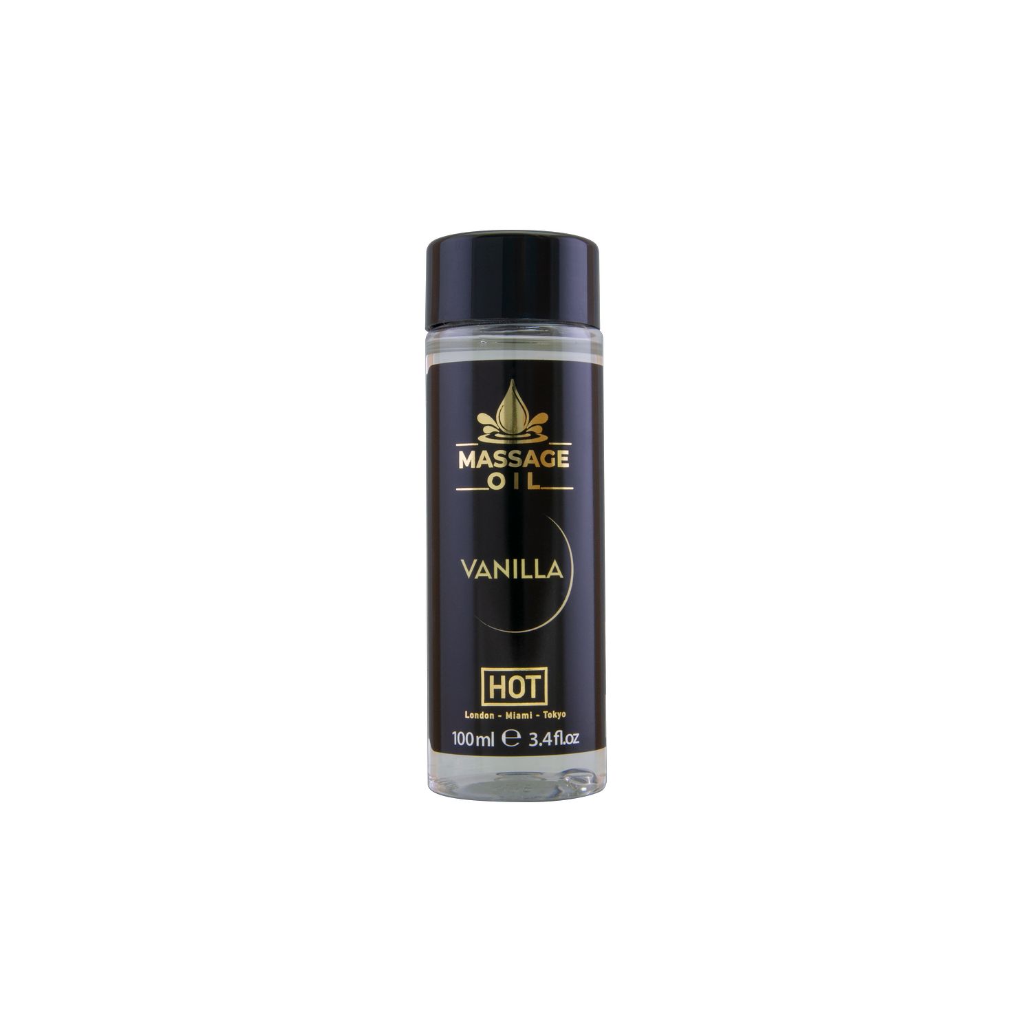 Cilindrische fles met zwarte dop. Opschrift: Massage Oil Vanilla. Onder de naam: HOT. Volume: 100ml.