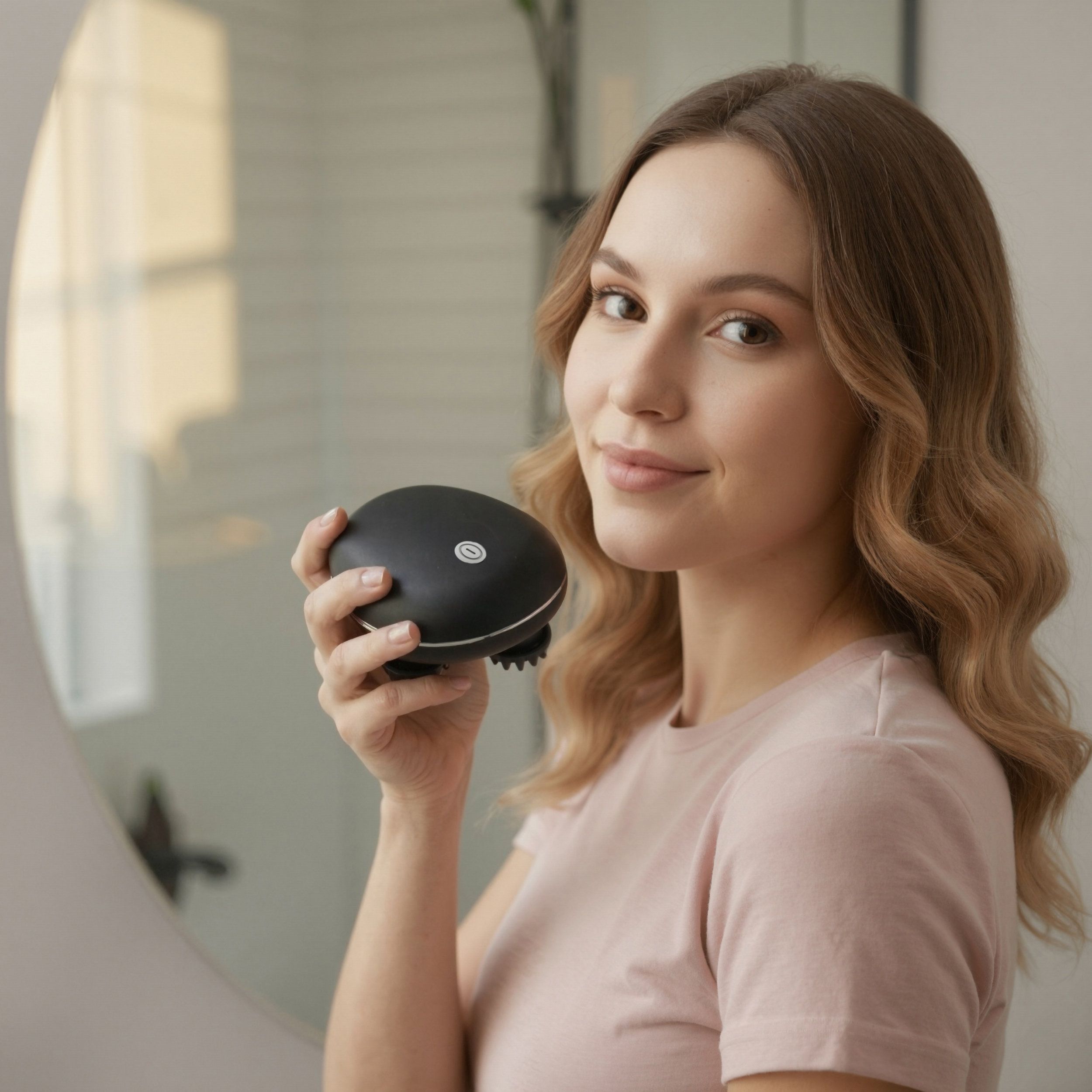 Femme tenant un masseur noir. L'appareil a des têtes de massage grises. La femme sourit devant un miroir. Fond de salle de bain.