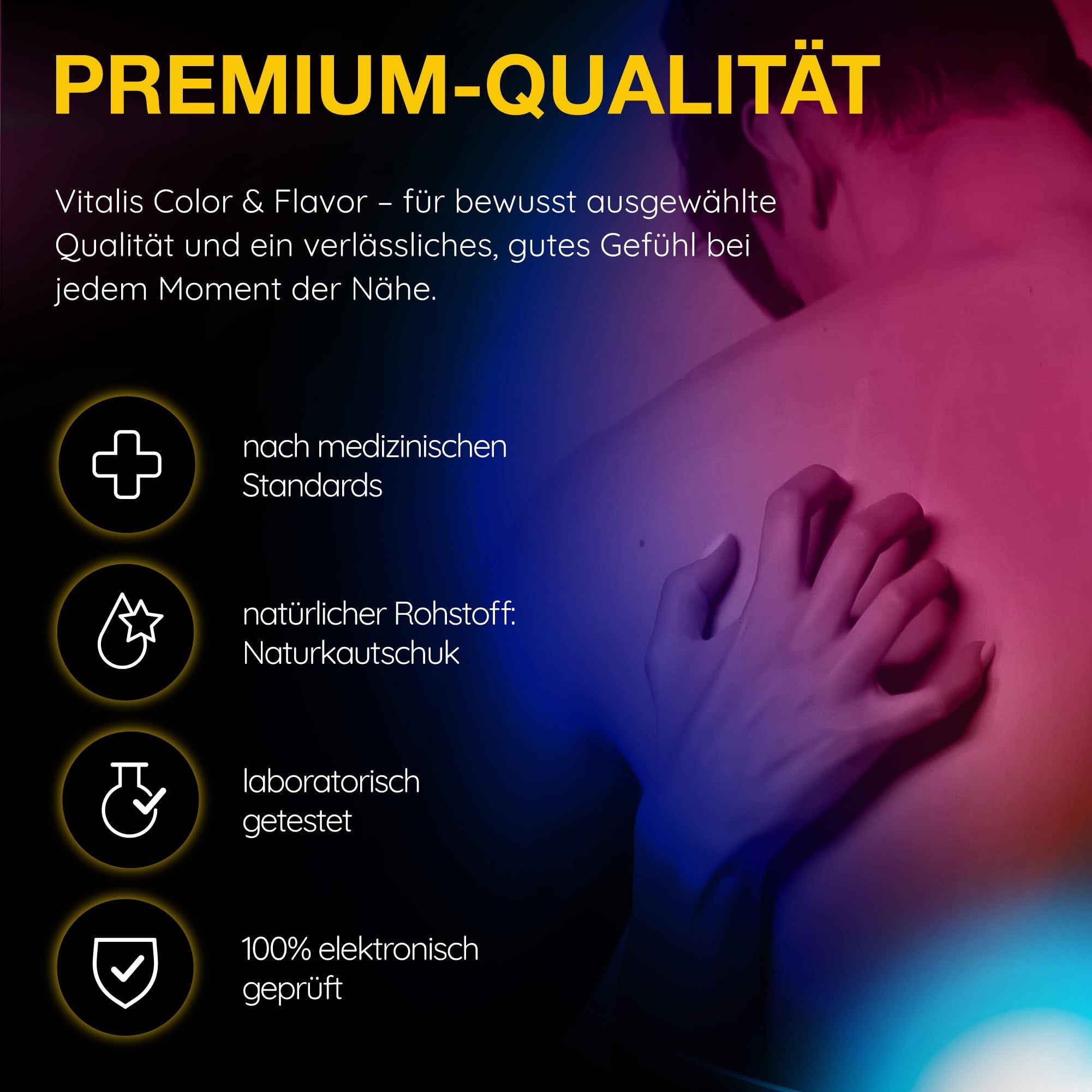 Vitalis Color & Flavor : Normes médicales, latex naturel, testé.