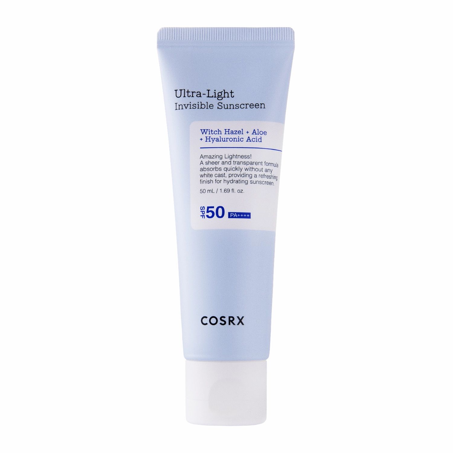 Produit: Tube Ultra-Light Invisible Sunscreen SPF50. Texte: Witch Hazel + Aloe + Acide Hyaluronique. Marque: COSRX. 50 ml.