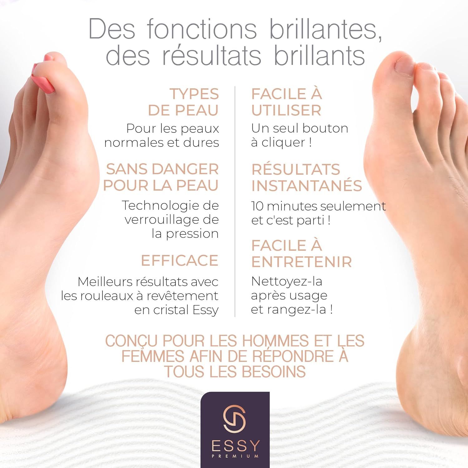 Pieds avec texte sur les types de peau, la sécurité, l'efficacité et la facilité d'utilisation.