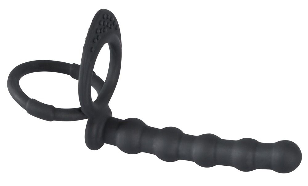Zwarte penis- en ballenring met anale dildo. Ring met nopjes, dildo met ribbels. Gemaakt van siliconen.
