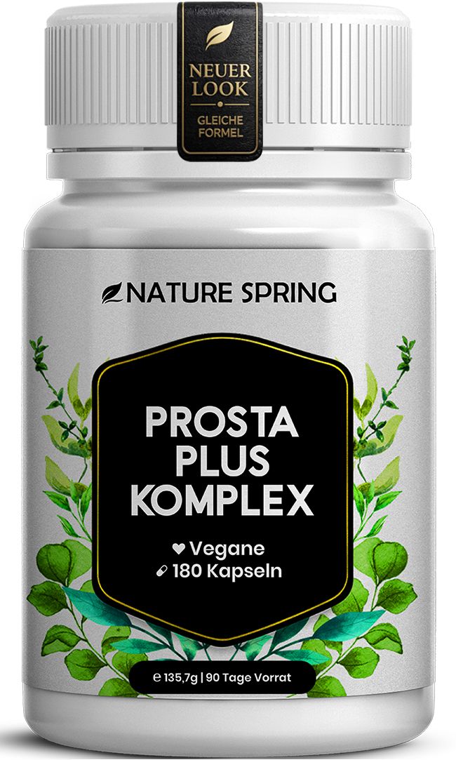 Nature Spring Prosta Plus Komplex Capsules: Witte pot met groen etiket, 180 capsules.