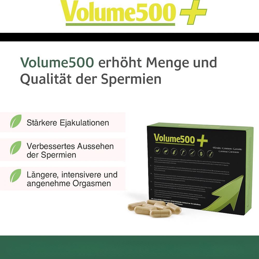 Boîte Volume500+ avec gélules. Texte: Volume500 augmente la quantité et la qualité du sperme.
