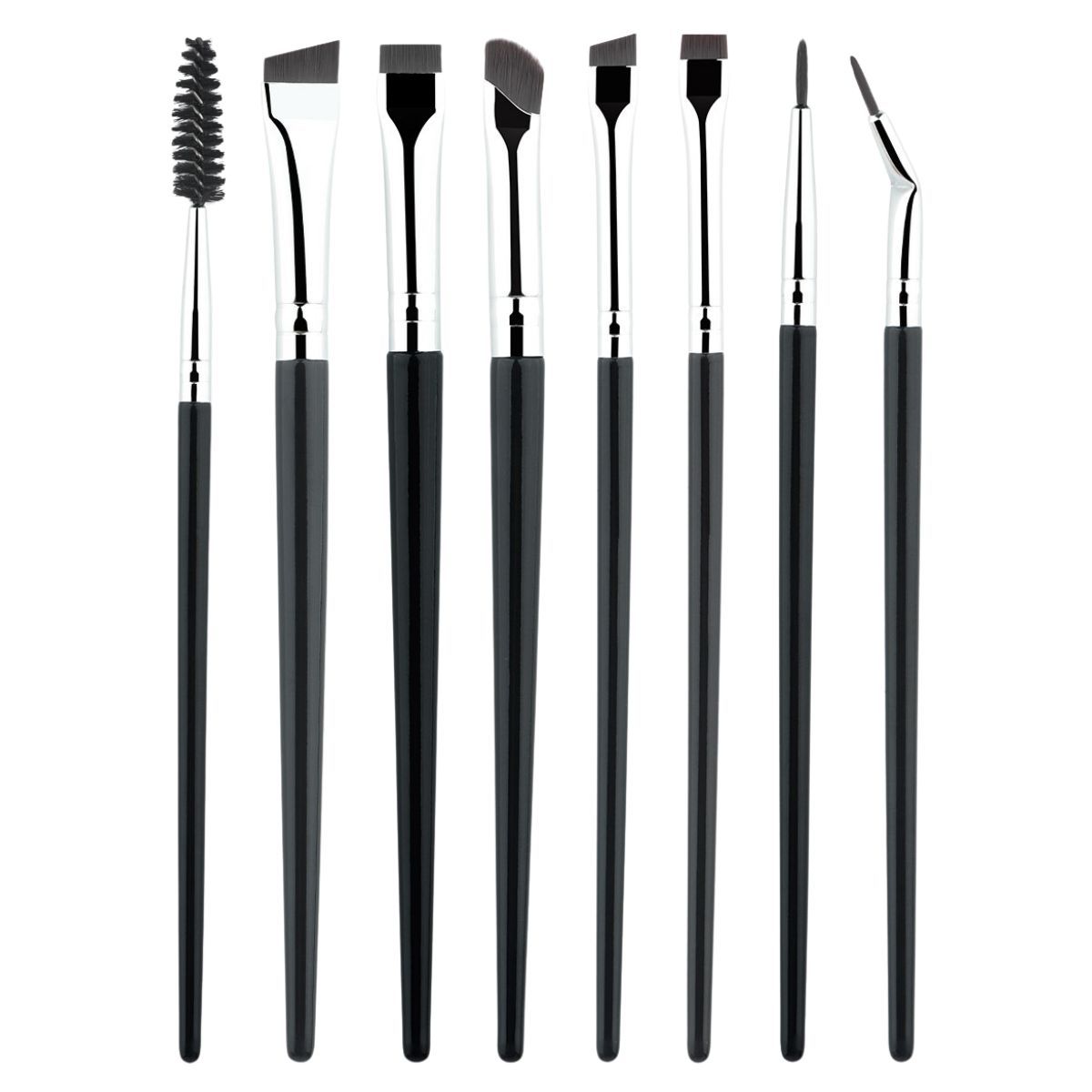 Ensemble de huit brosses à sourcils et cils avec manches noirs et différentes extrémités.