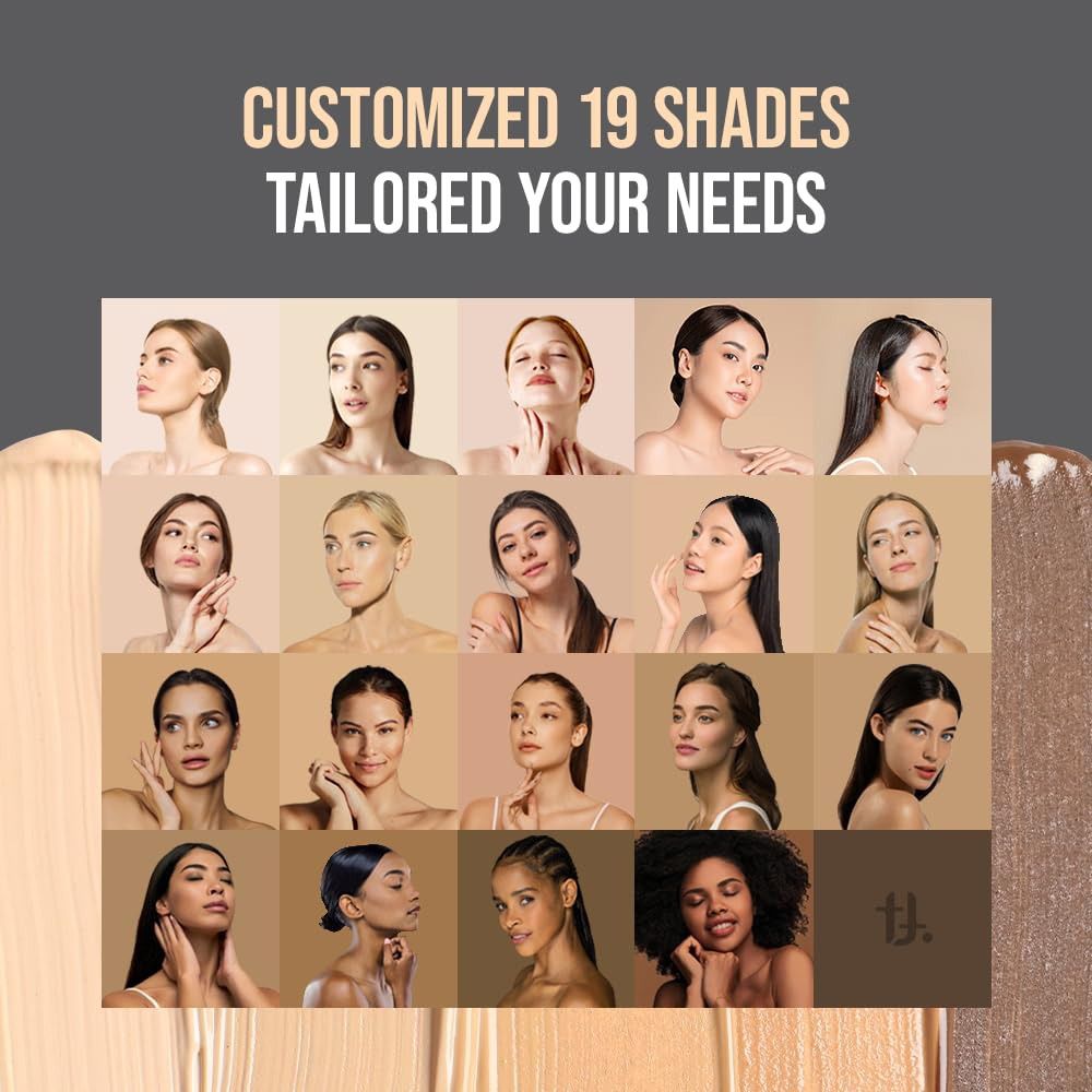 Collage van 19 gezichten met foundation. Tekst: Customized 19 Shades Tailored Your Needs.