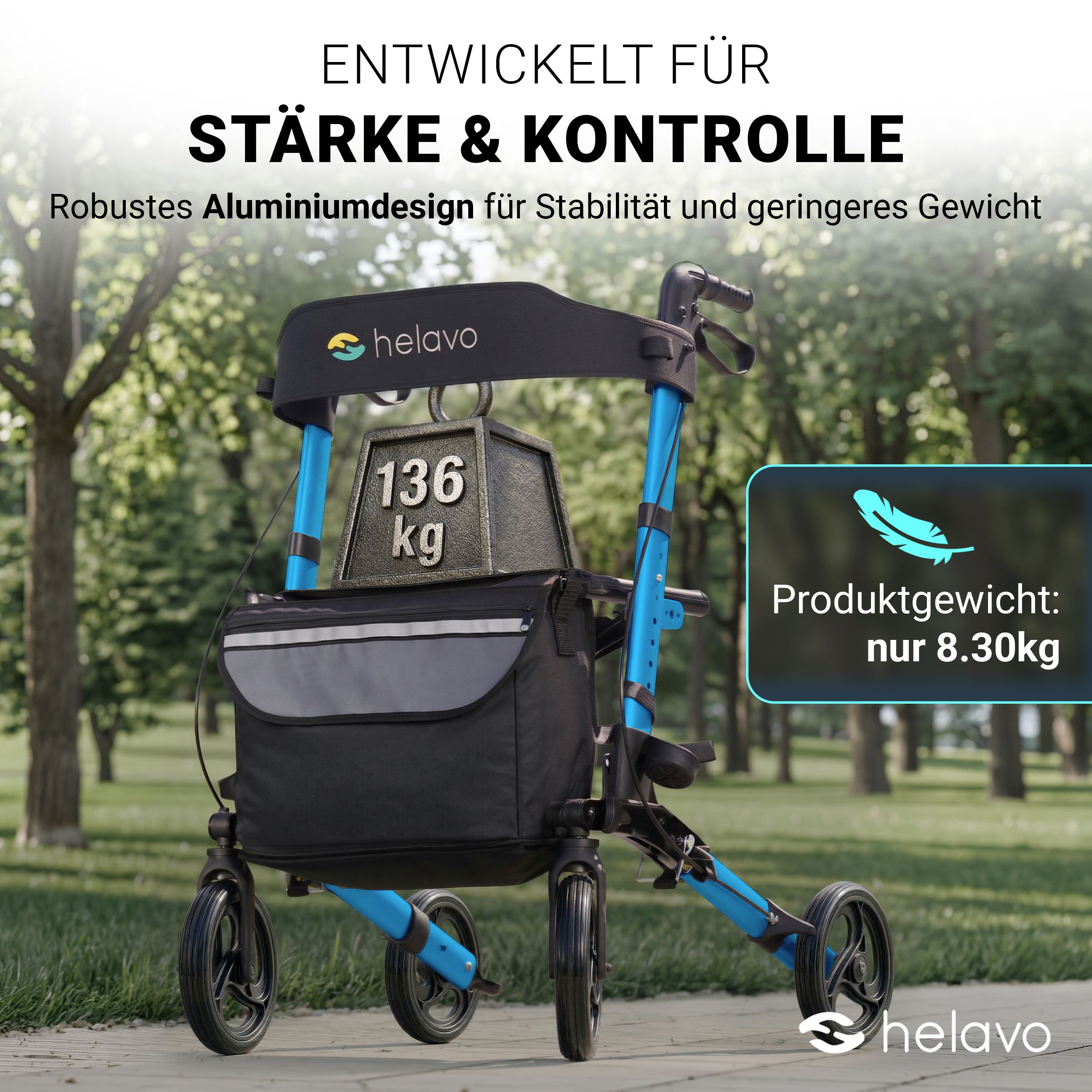 Rollator bleu en aluminium avec sac, capacité 136 kg, poids 8,3 kg.