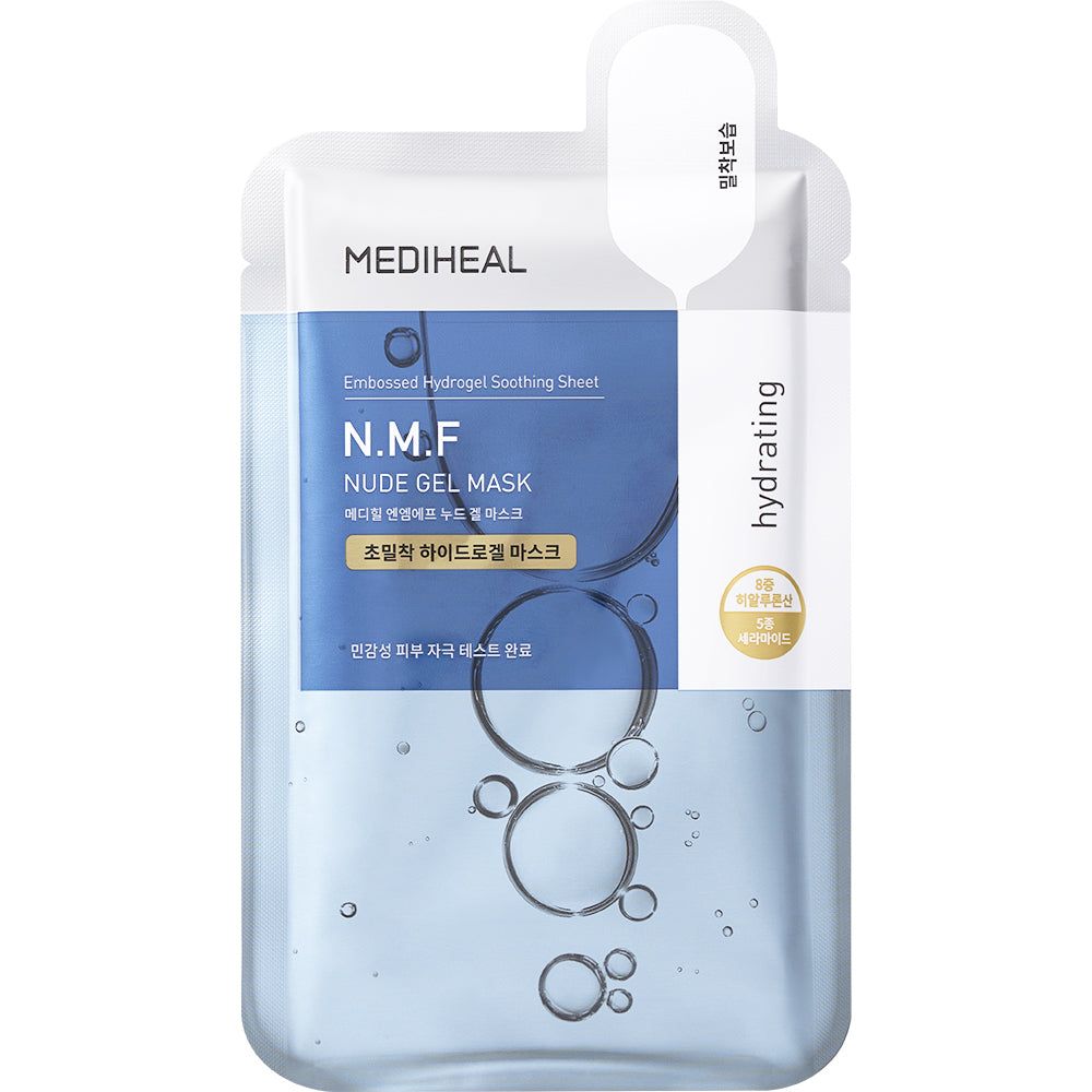 Emballage du MEDIHEAL N.M.F Nude Gel Hydrogelmaske. Design bleu et blanc, texte.