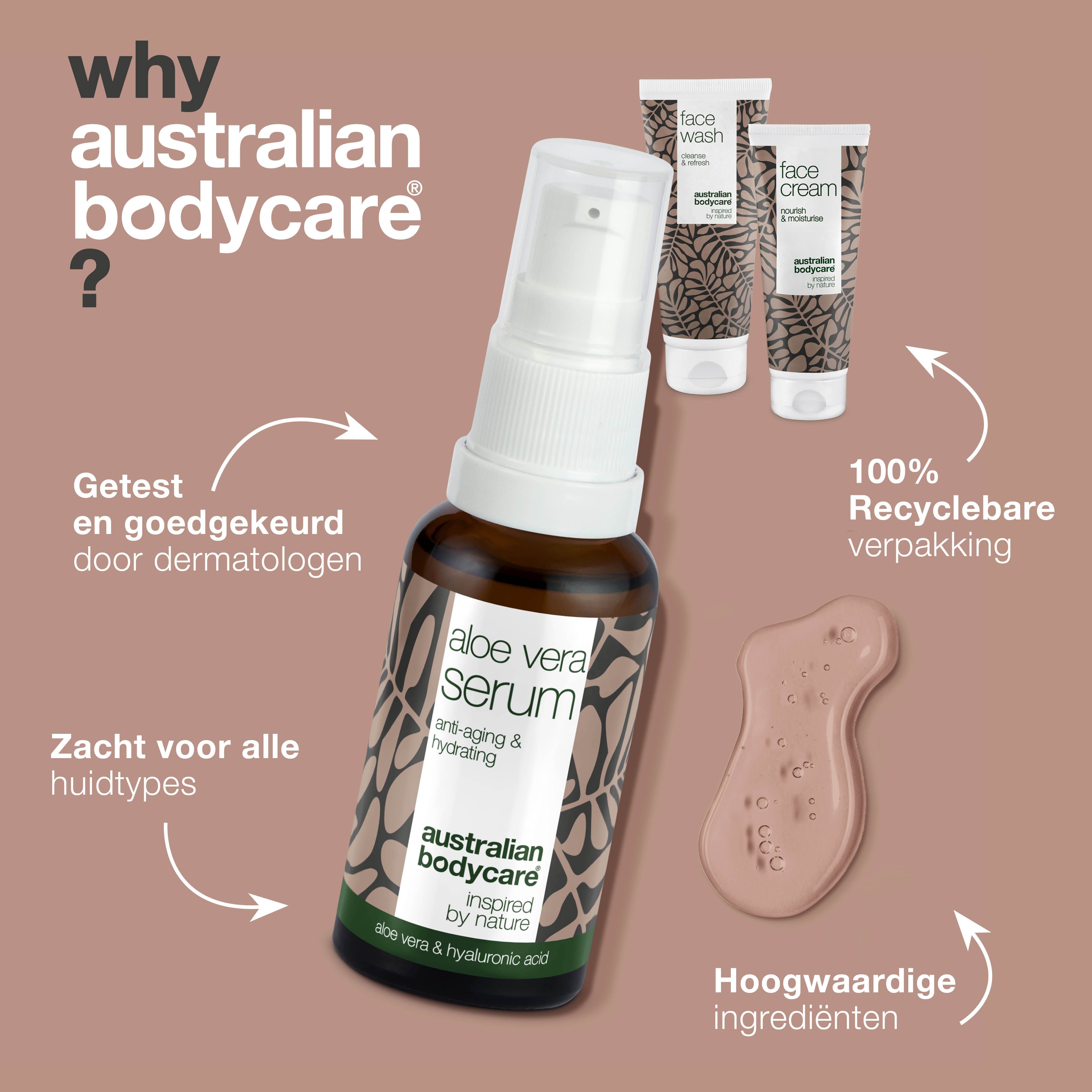 Aloë vera serum met verstuiver. Tekst: getest, 100% recyclebare verpakking, hoogwaardige ingrediënten. Bruine fles.