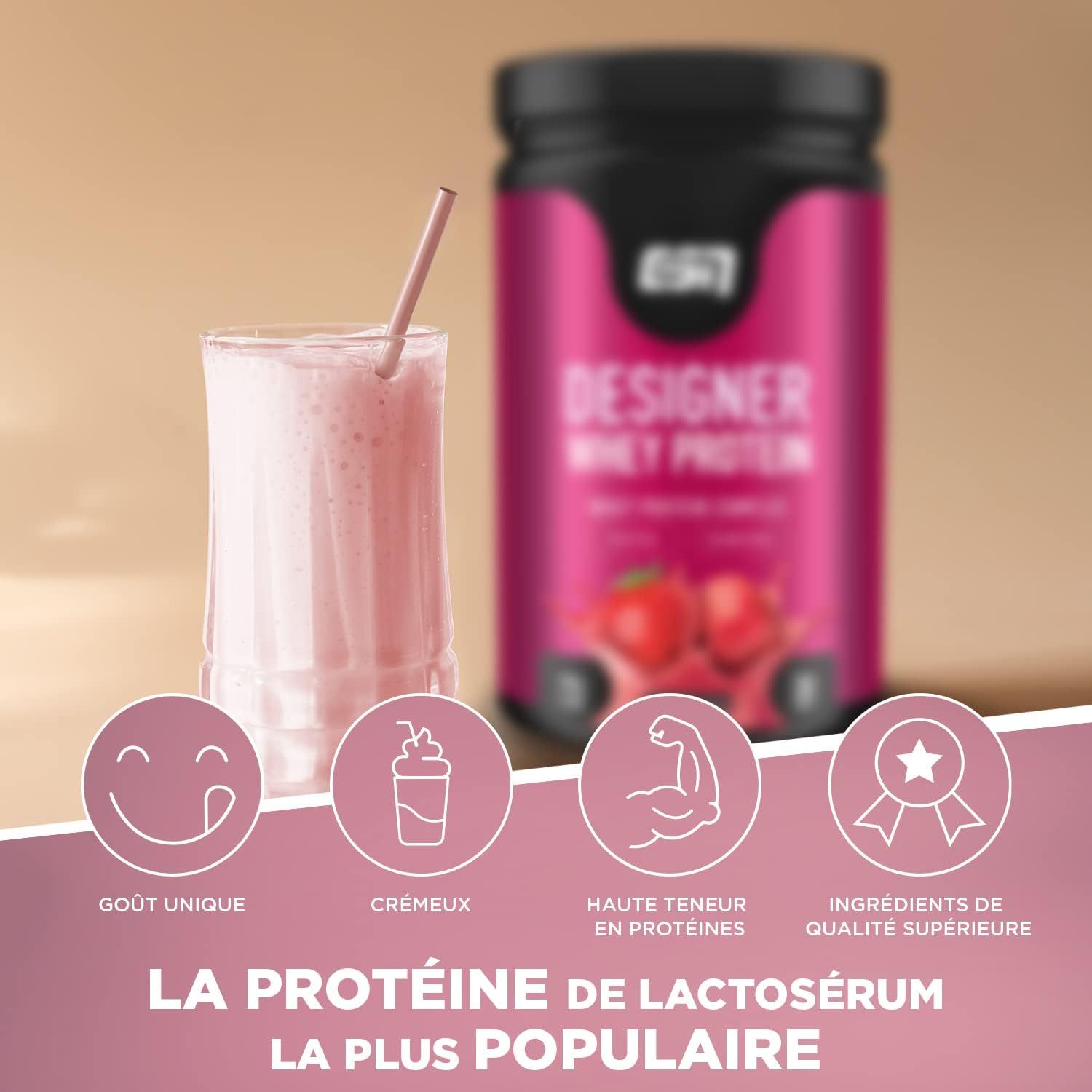 ESN Designer Whey Protein Fraise Crème avec un verre de shake et icônes pour le goût, la texture crémeuse, les protéines et les ingrédients.