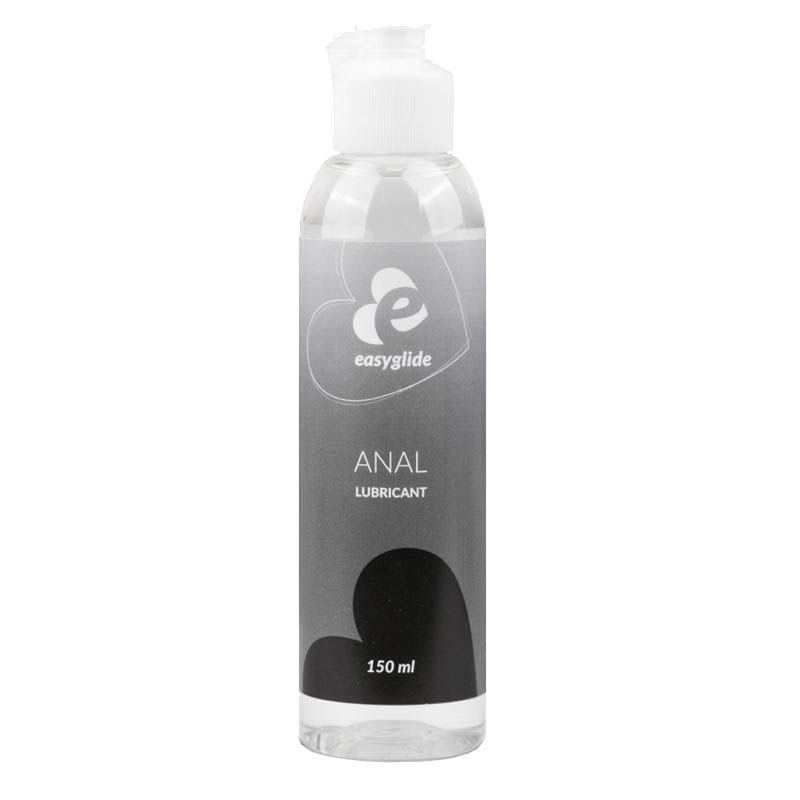 Transparante fles met witte dop. Opschrift: Easyglide, Anal Lubricant, 150 ml.