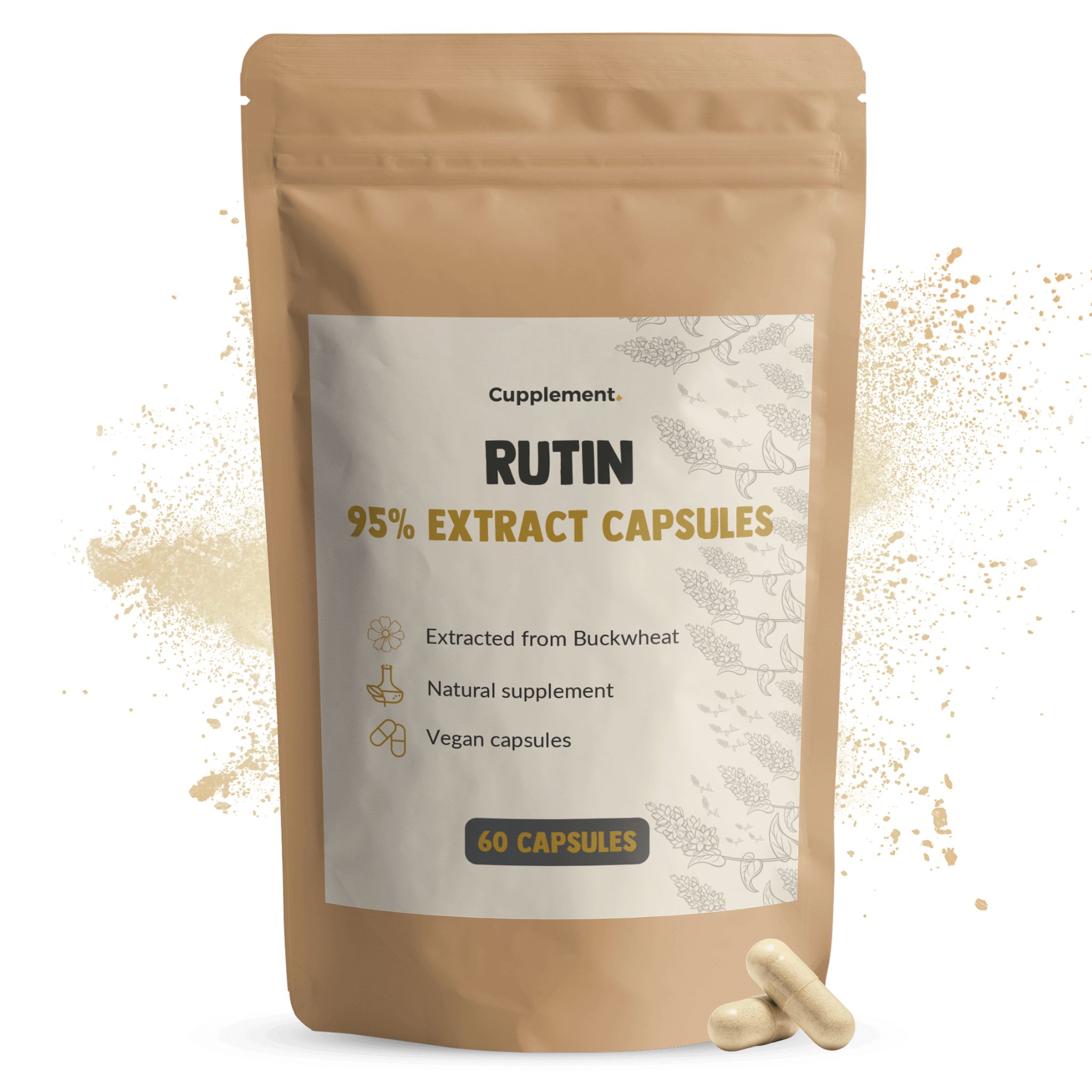 Sachet de gélules de rutine. Inscription : Rutine 95% Extrait Capsules. 60 gélules. Deux gélules à côté.