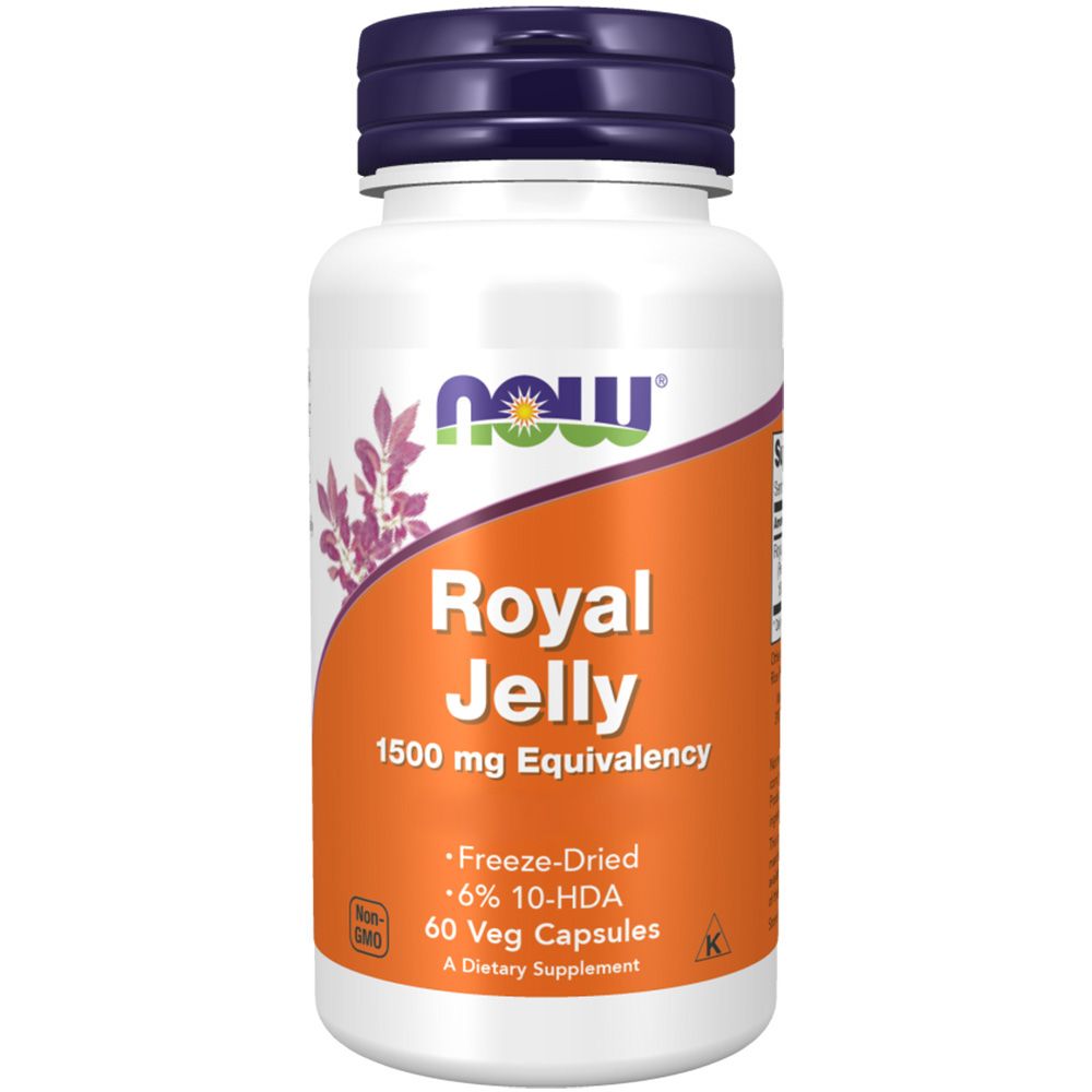 Flacon blanc, bouchon violet. Étiquette avec nom du produit: Royal Jelly, 1500 mg. Marque: Now. 60 gélules végétales. Complément alimentaire.