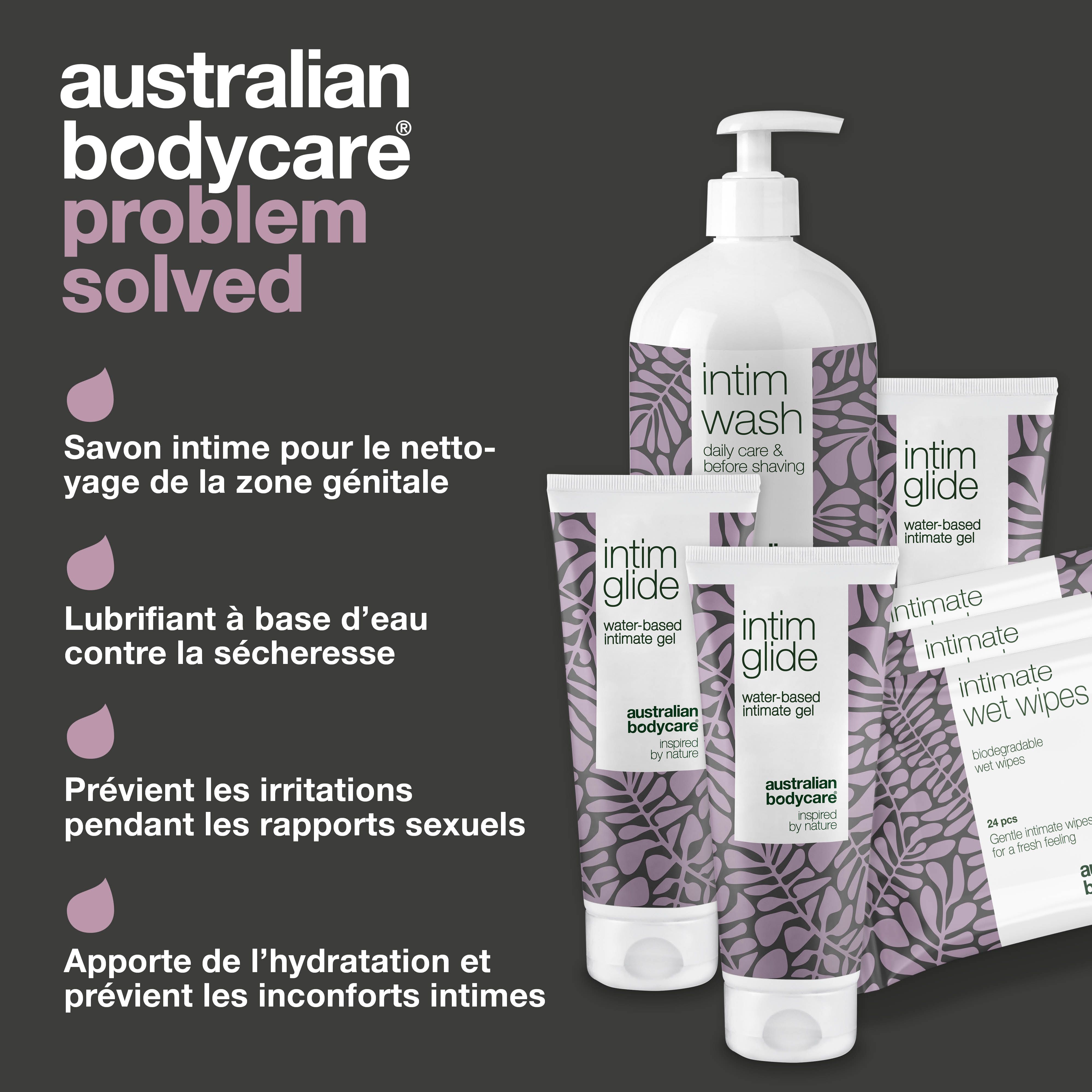 Produits : Intim Wash, Intim Glide, Intimate Wet Wipes. Marque : Australian Bodycare. Texte.