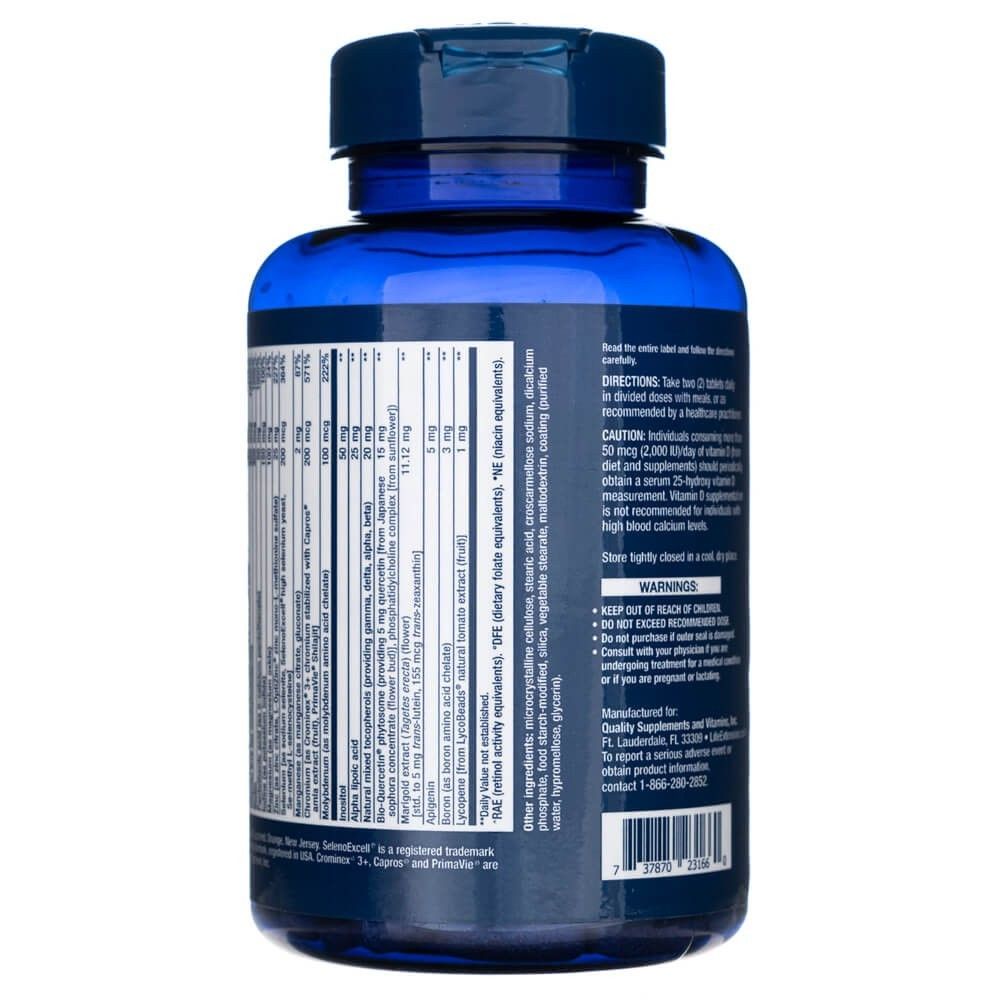 Arrière de la bouteille avec les instructions, les avertissements et les informations du fabricant pour Life Extension Two-Per-Day Multivitamin.