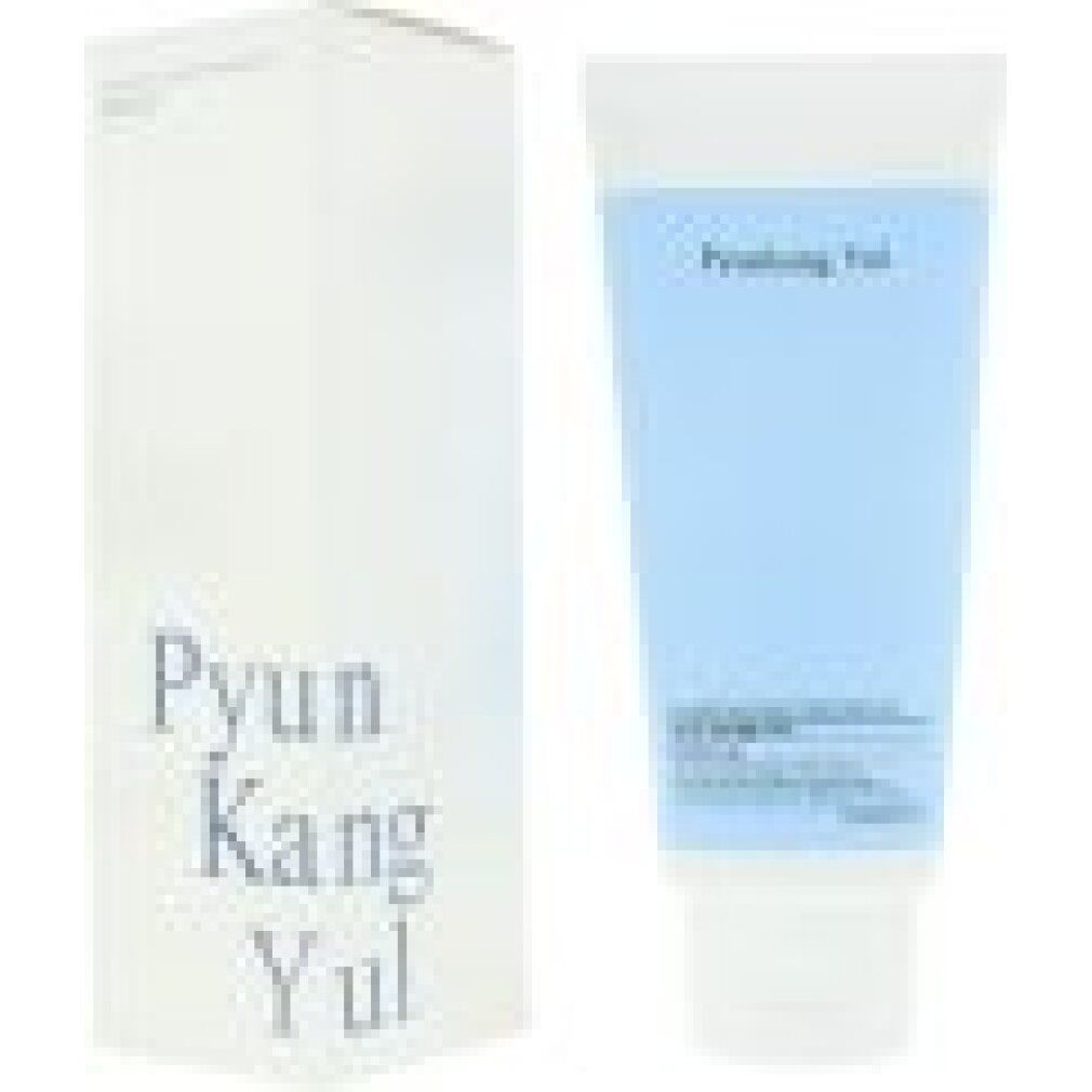 Pyunkang Yul schuimende reiniger in een blauwe tube met witte dop, naast de witte productverpakking.
