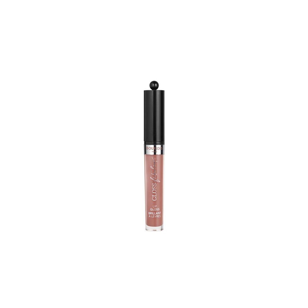 Een Bourjois lipgloss met zwarte dop en roze inhoud, op witte achtergrond.