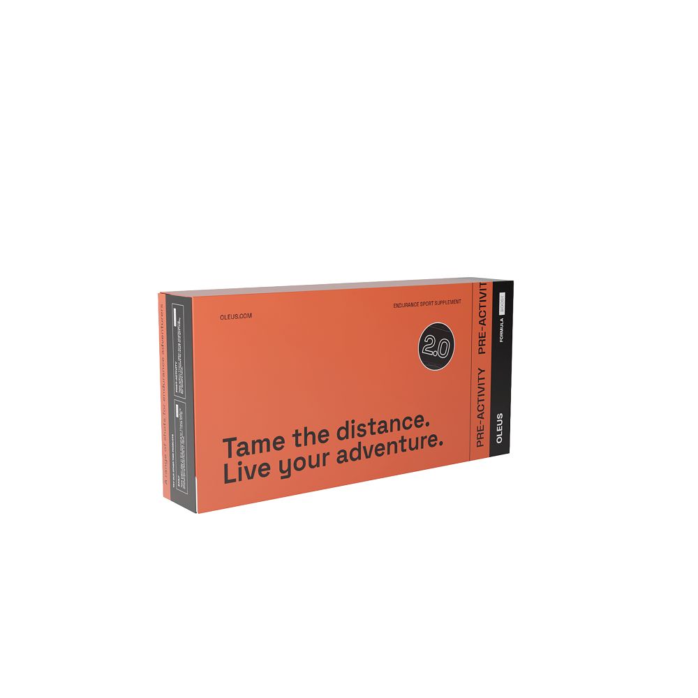 Emballage produit orange avec texte. Nom du produit OLEUS. Bande noire avec texte. Graphique rond 2.0.