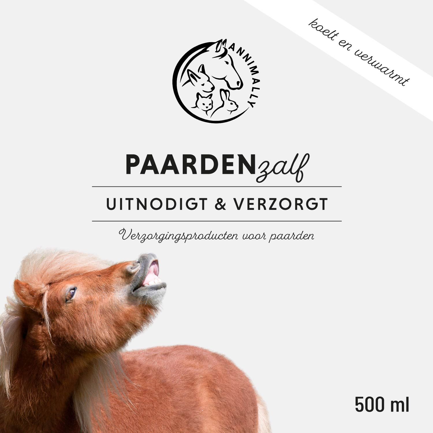 Paard. Tekst: Paardenzalf. Uitnodigt & verzorgt. 500 ml. Logo.
