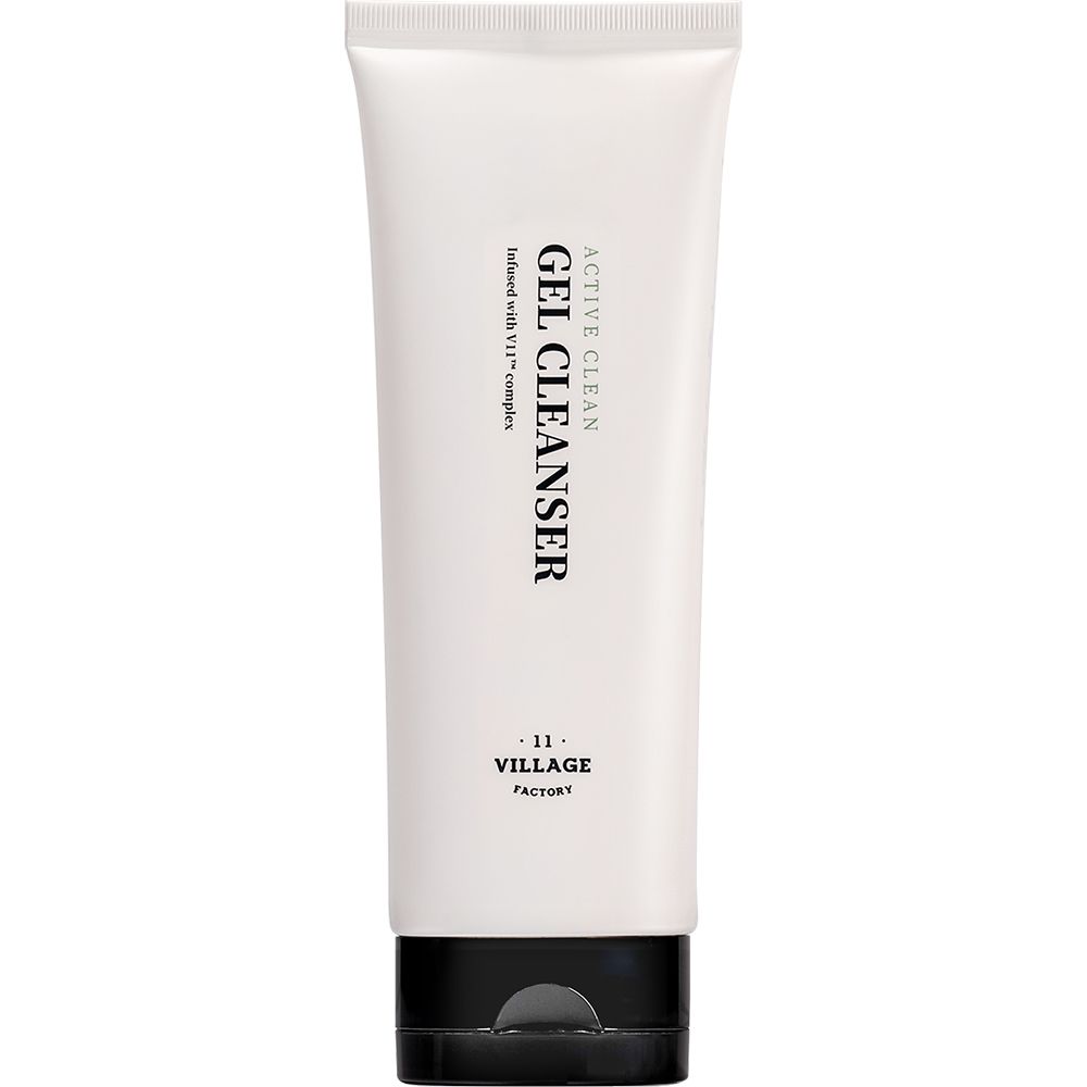Witte tube met zwarte dop. Opschrift: ACTIVE CLEAN GEL CLEANSER. Merk: VILLAGE 11 FACTORY.