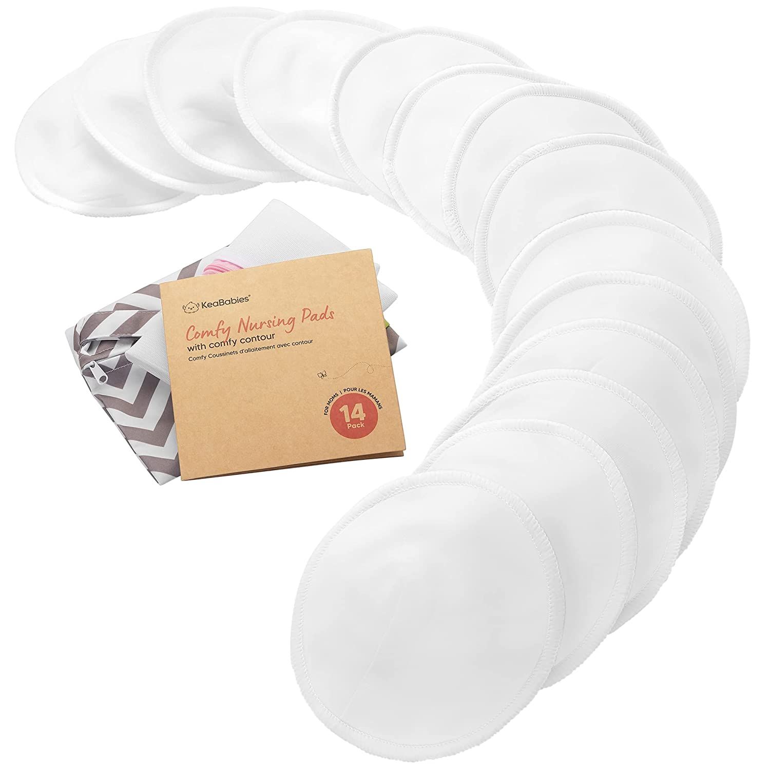 Witte, ronde zoogcompressen, 14 stuks, met waszak en verpakking. Opschrift: KeaBabies, Comfy Nursing Pads.