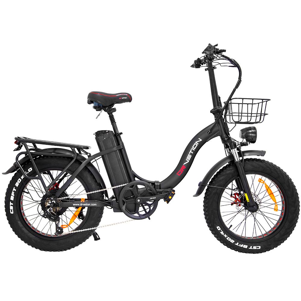 Vélo électrique noir avec panier, phare et porte-bagages. Accents rouges sur les pneus. Marque DRVETION.