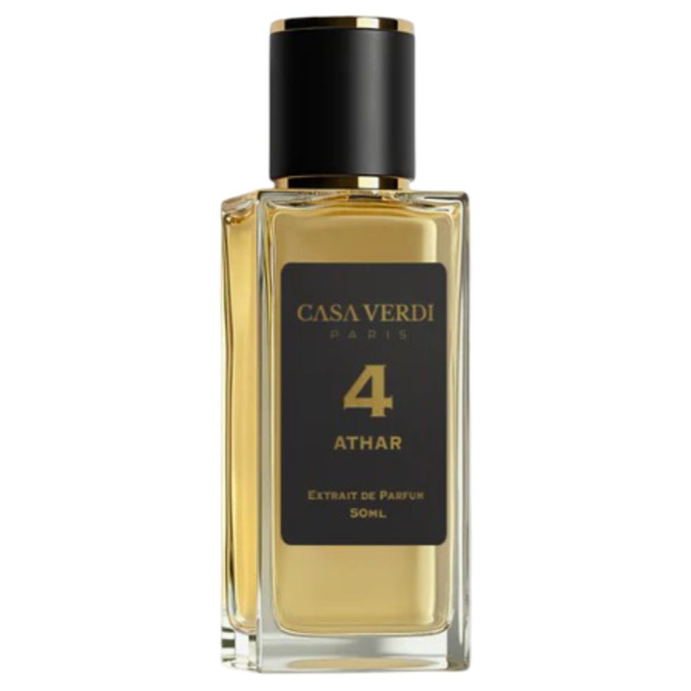 Flacon de parfum avec bouchon noir et bord doré. Étiquette noire avec inscription 'Casa Verdi Paris', '4 Athar' et 'Extrait de Parfum'.