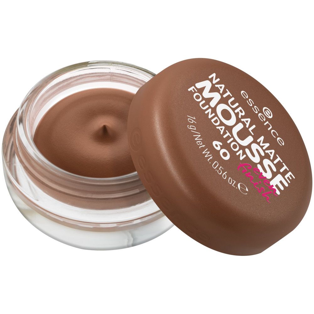 Bruine foundation in een glazen potje met bruine deksel. Op de deksel staat "NATURAL MATTE MOUSSE FOUNDATION".