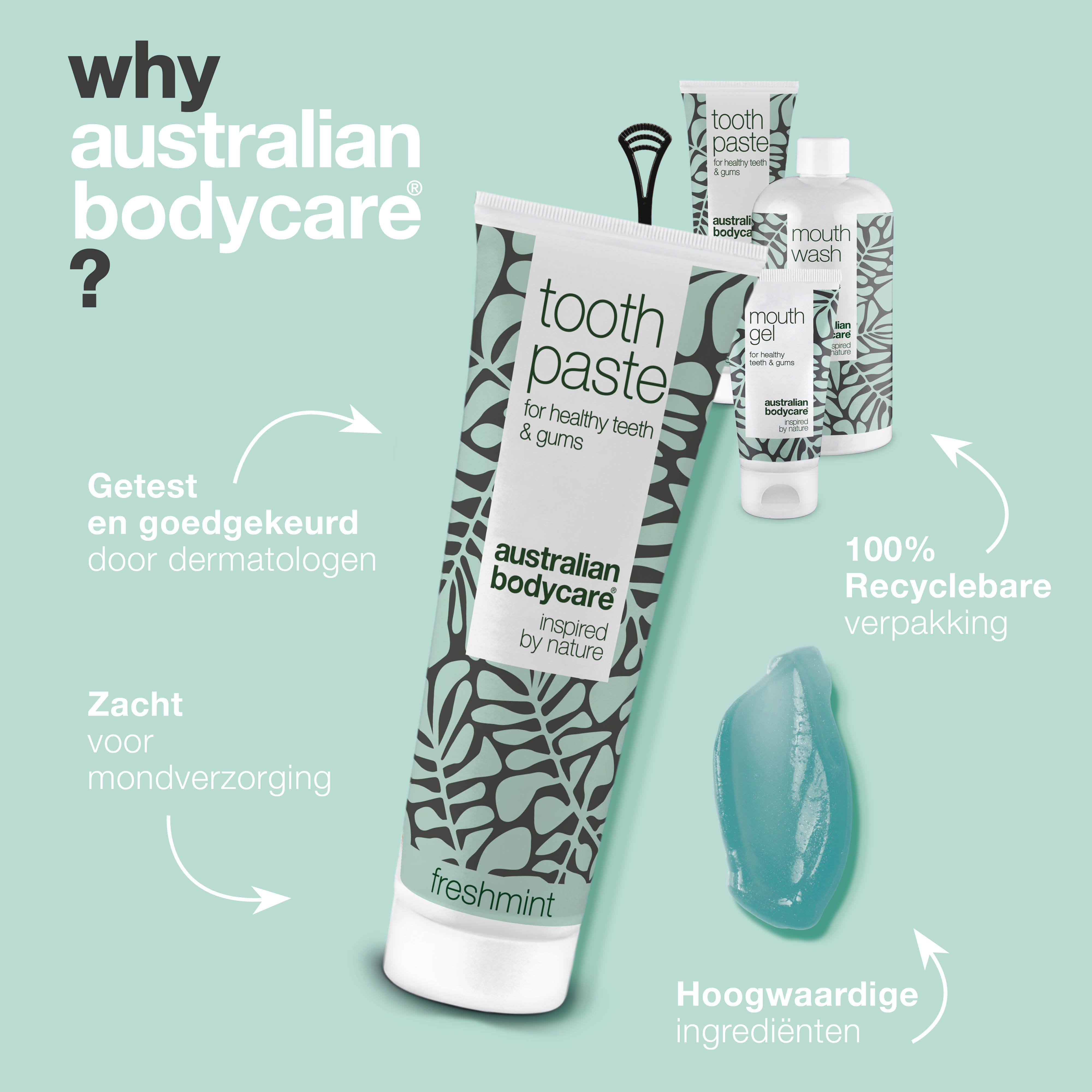 Tandpasta, mondwater en mondgel. Tandpasta met blauwe gel. Producten van Australian Bodycare.