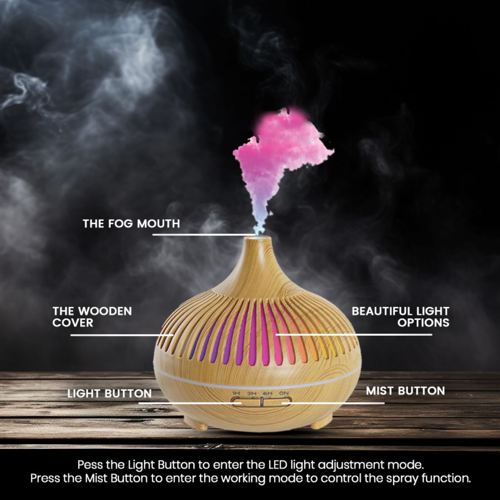 Diffuseur d'arômes couleur bois avec 7 LED colorées et sortie de vapeur.