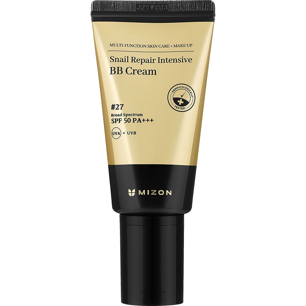 Tube BB-crème. Goudkleurig lichaam, zwarte dop. Opschrift: Snail Repair Intensive BB Cream, Nr. 27, SPF 50 PA+++. Merk: MIZON.