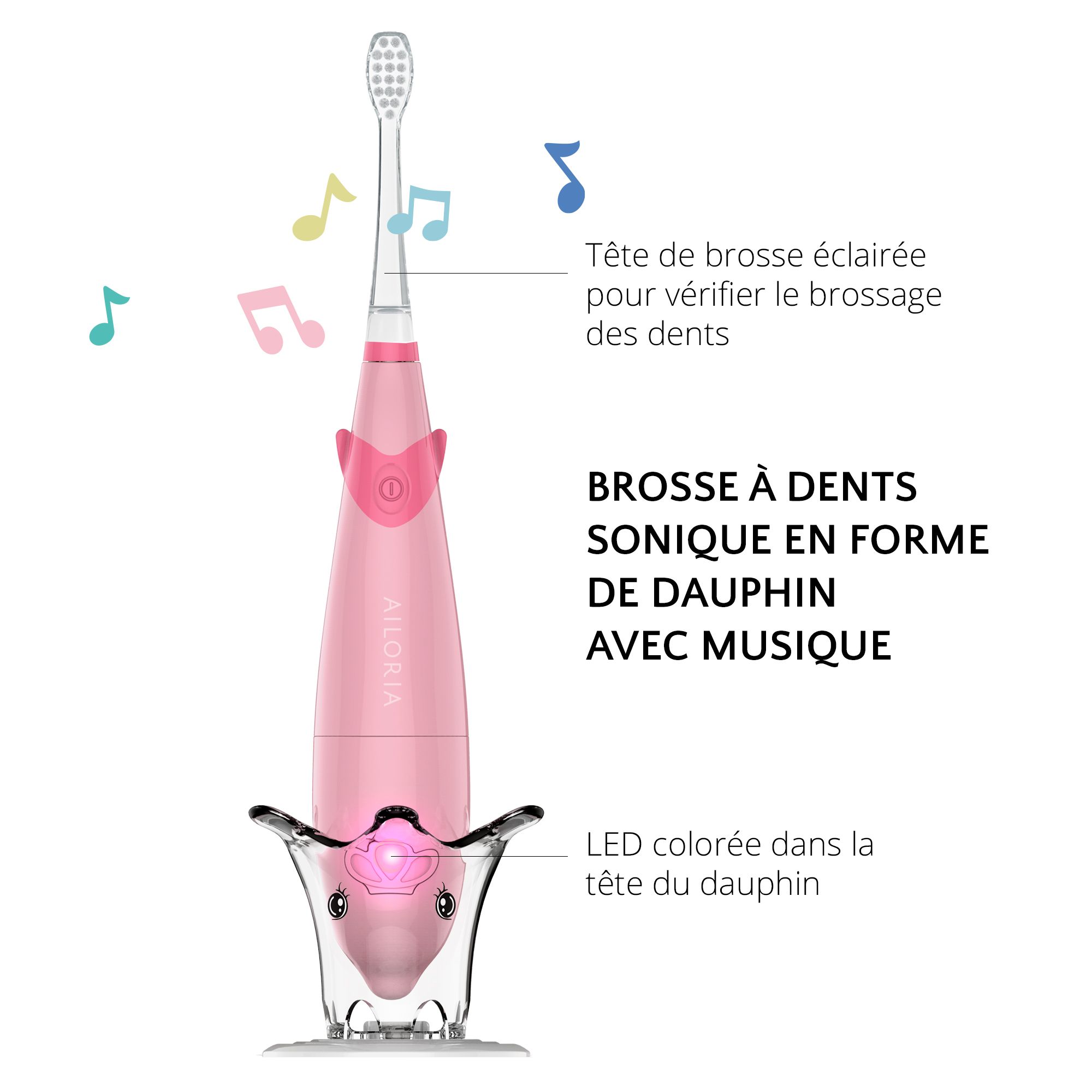 Brosse à dents rose avec support. LED colorée dans la tête. Texte : Brosse à dents sonique en forme de dauphin avec musique.