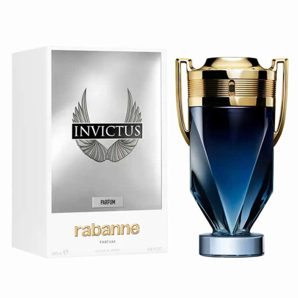 Invictus parfumflesje naast witte doos. Doos met logo, opschrift Invictus en Rabanne. Flesje met gouden dop.
