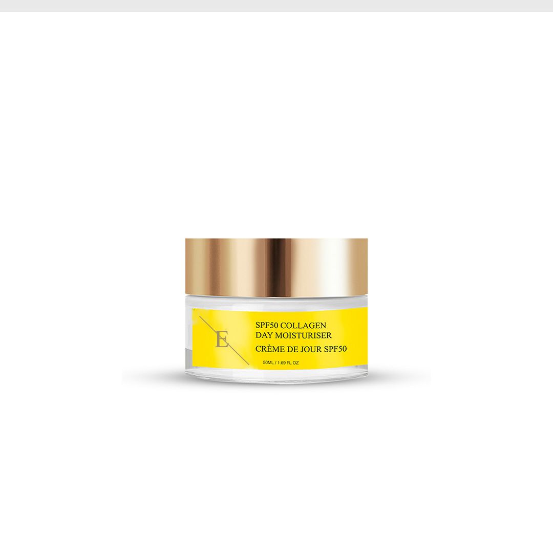 Dagcrème pot. Opschrift: SPF50 Collagen Day Moisturiser. Gouden deksel.
