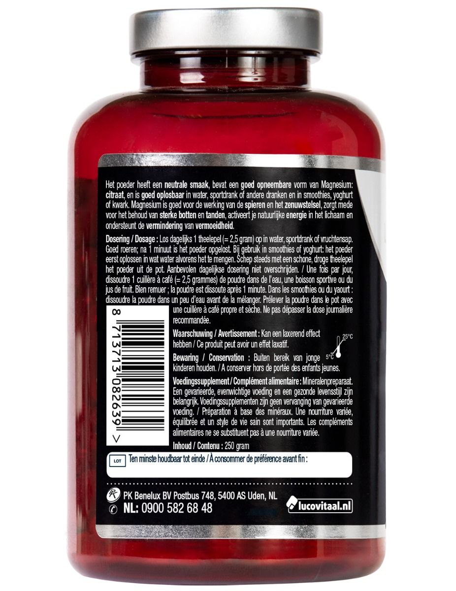Achterkant van de fles met tekst. Bevat informatie over gebruik en opslag. Inhoud: 250g.