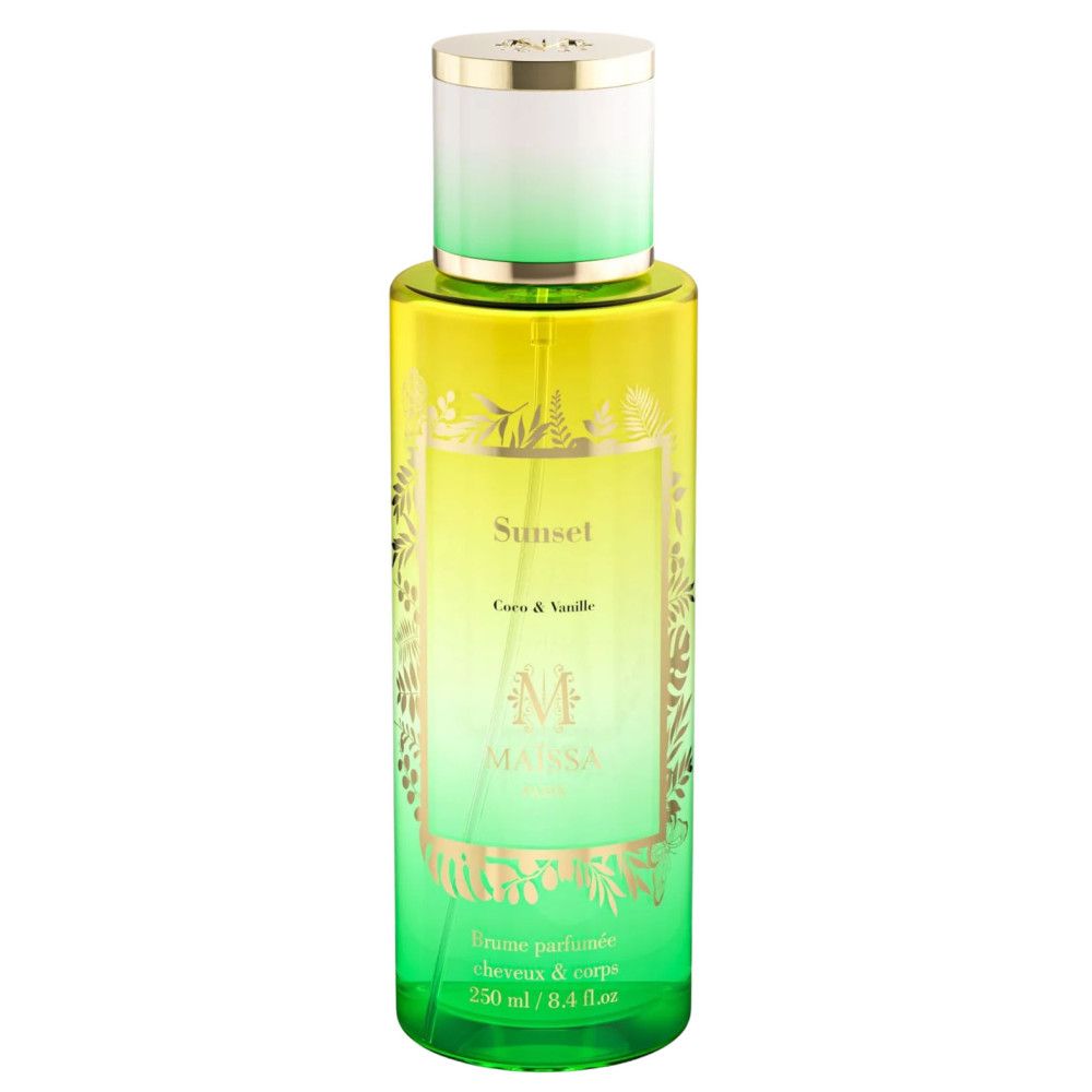 Flacon de brume parfumée dégradé. Inscription Sunset, Coco & Vanille. Marque Maison Maïssa. 250 ml.
